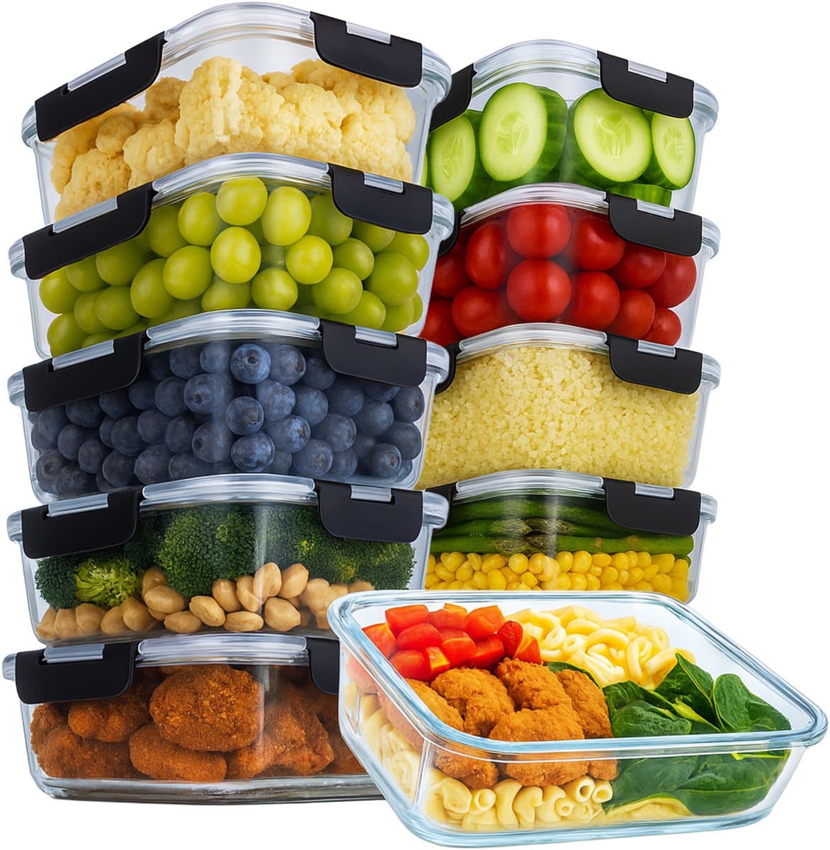 Aviro Vershoudbakjes Glas - 10 Stuks - Meal Prep Bakjes - Vriezer, Magnetron & Oven Bestendig - BPA Vrij - Luchtdicht - 1L