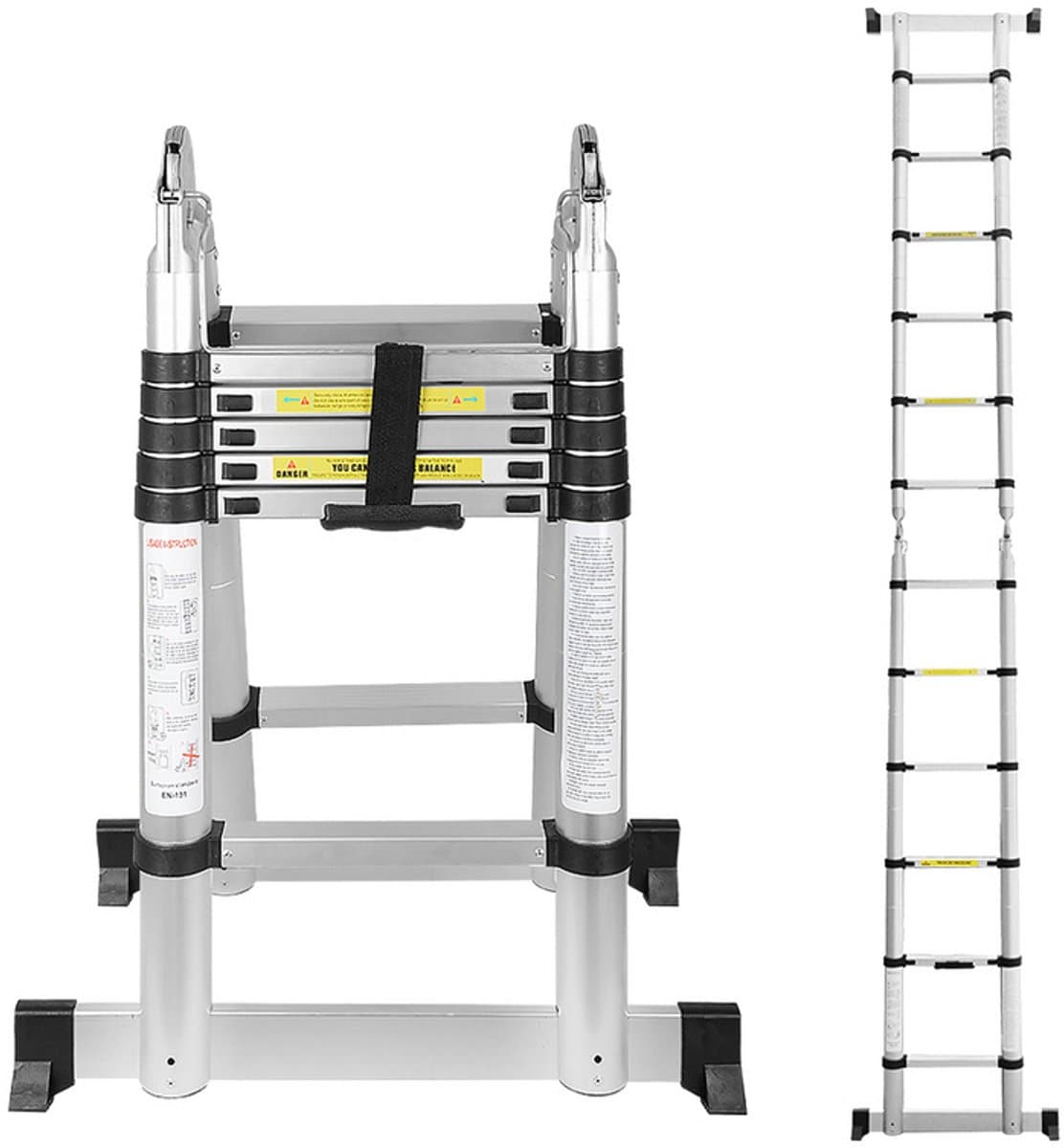 Telescopische Vouwladder Telescopische Ladders Werkhoogte 1,9m+1,9 m - zilver met stabilisator