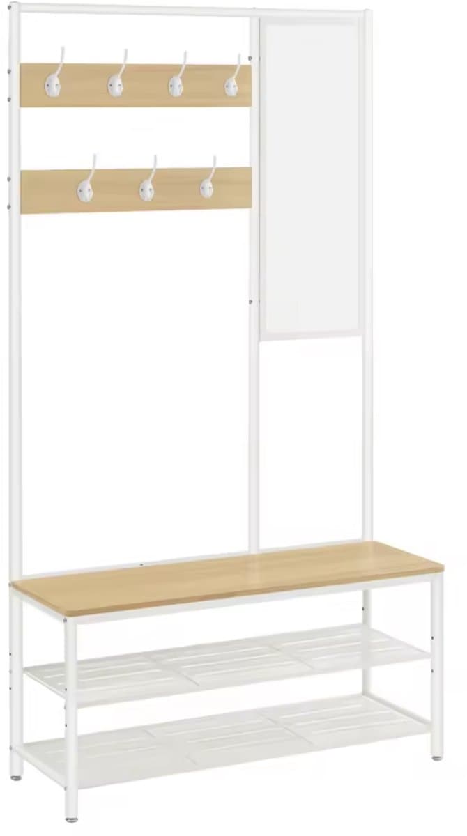 Varnox Kapstok - Kledingrek - Kledingstandaard - Garderobekast - Kapstok met spiegel - Garderoberek - Gangmeubel - Kapstok - Staande kapstok - Vestiairemeubel - Kast - Rek - Planken - 7 Haken - Spiegel - Schoenen rek - Hout en metaal - Wit - Bruin