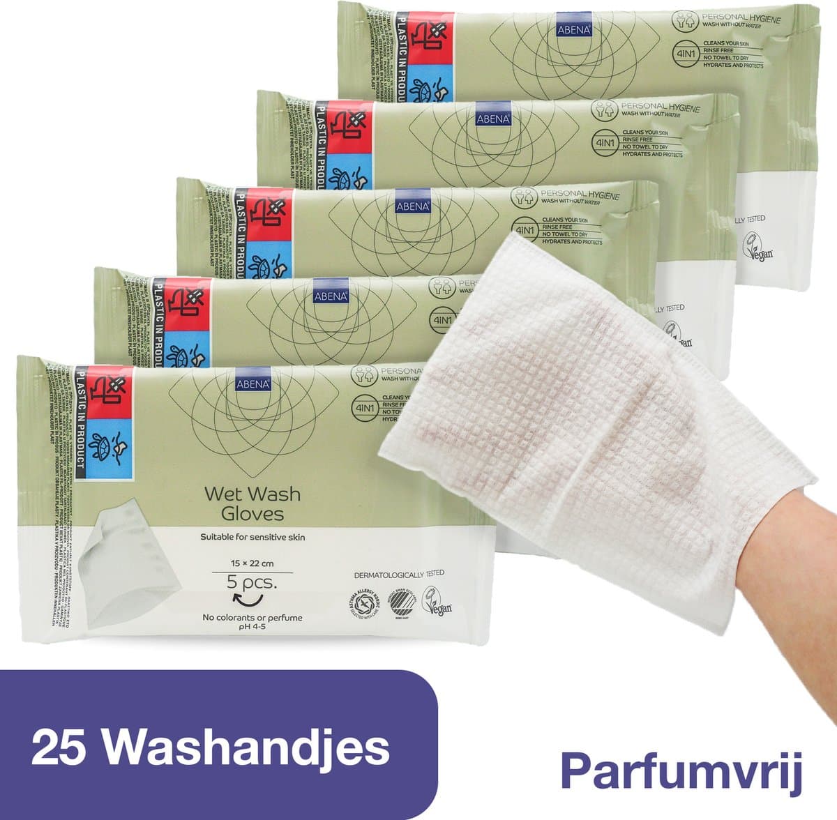 Abena Vochtige Washandjes Wegwerp - Parfumvrij - 25 Washandjes - Voordeelverpakking 5 x 5 washandjes - Wassen en opfrissen zonder water en zeep - Droogt Snel, geen Handdoek Nodig - Opwarmbaar in de Magnetron - Perfect voor Thuis en Onderweg