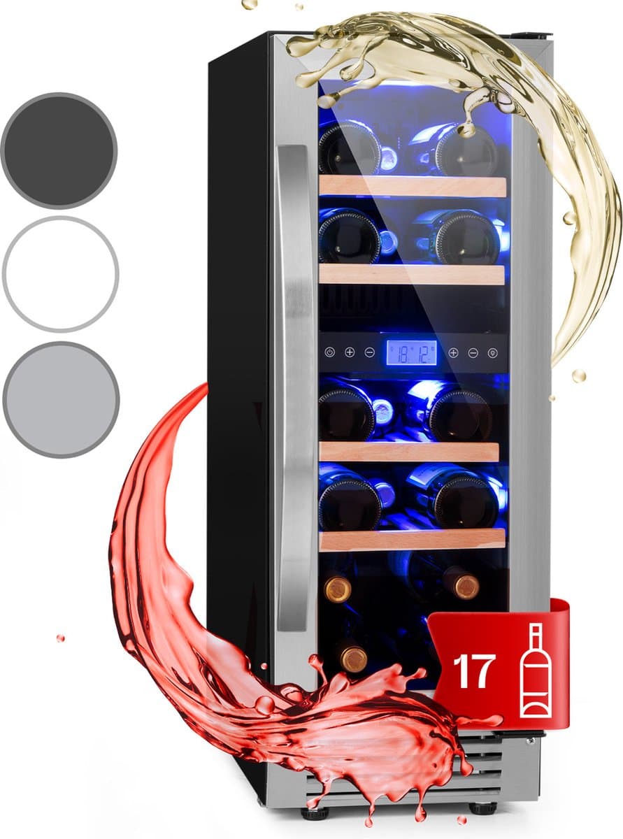 Klarstein Wijnkoeler Wijnkoelkast 2 Zones – 53L Drankenkoelkast Smal – Inbouw Wijnklimaatkast met Glazen Deur – Binnen/Buiten Gebruik – voor 17 Flessen - 29.5 cm - Vrijstaand - Wit - glas - Rood - Wijnkast - Wine Cooler - Wine Fridge
