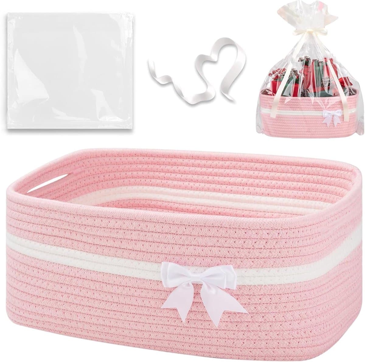 Kerst Cadeau Mand Set - Cadeaumand - 35 x 25 x 15 cm - Gevlochten Mand met Zak en Lint - voor Kerst Cadeaus - roze