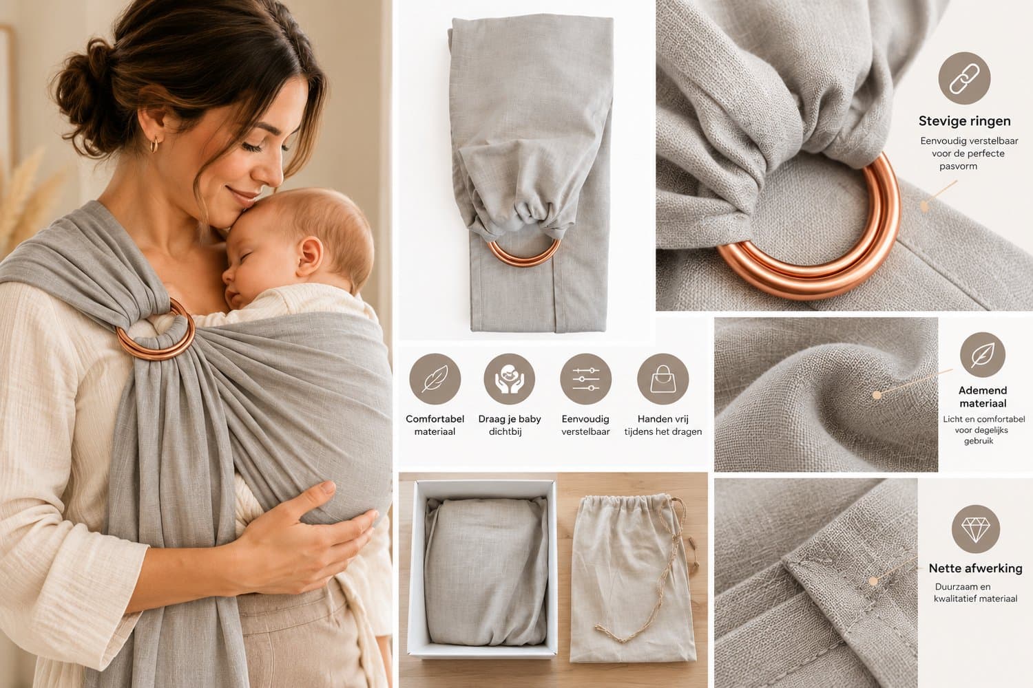Ringsling Baby Draagdoek Grijs – Draagdoek met Ringen – Verstelbare Babydrager – Draagdoek Baby