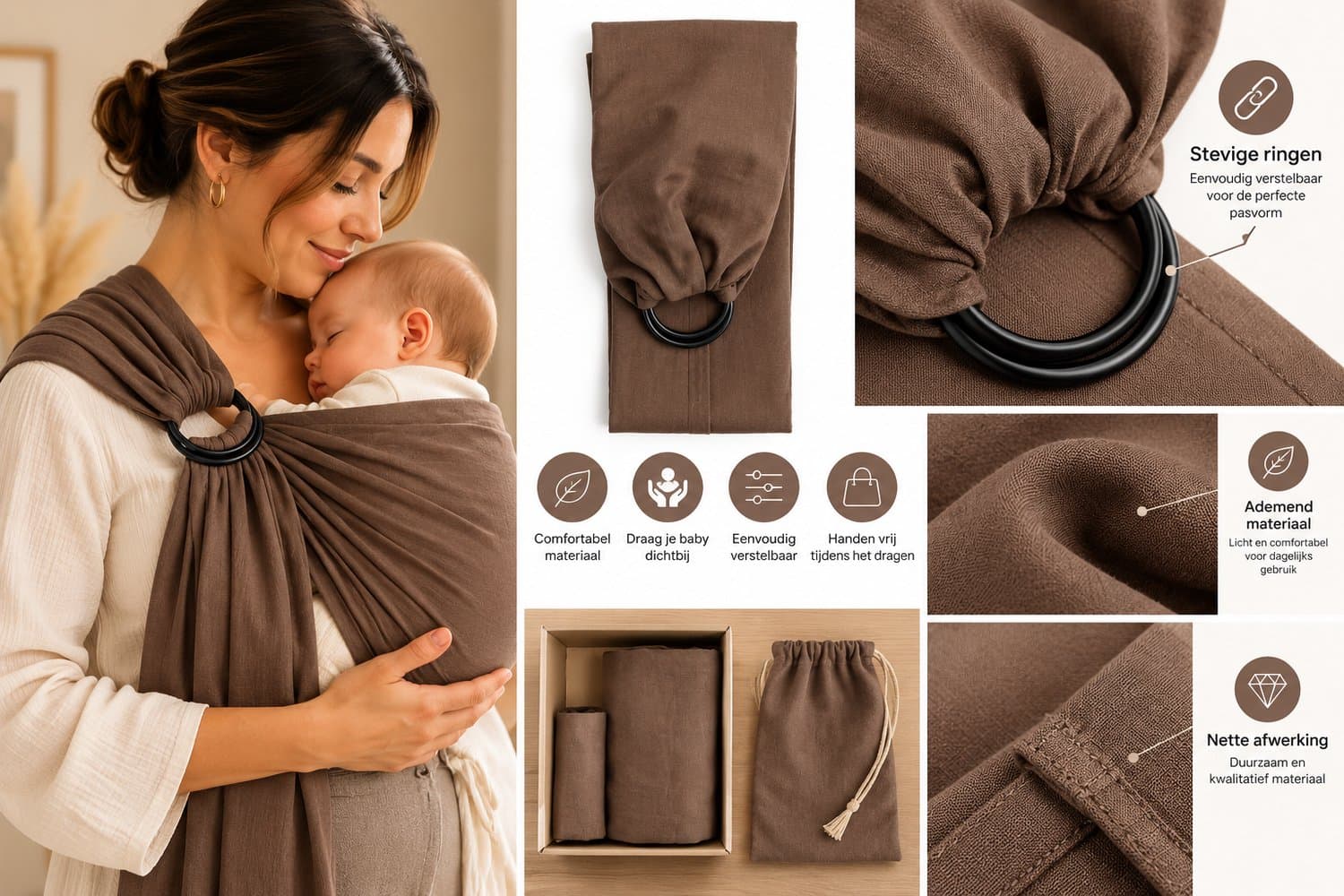Ringsling Baby Draagdoek Bruin – Draagdoek met Ringen – Verstelbare Babydrager – Draagdoek Baby
