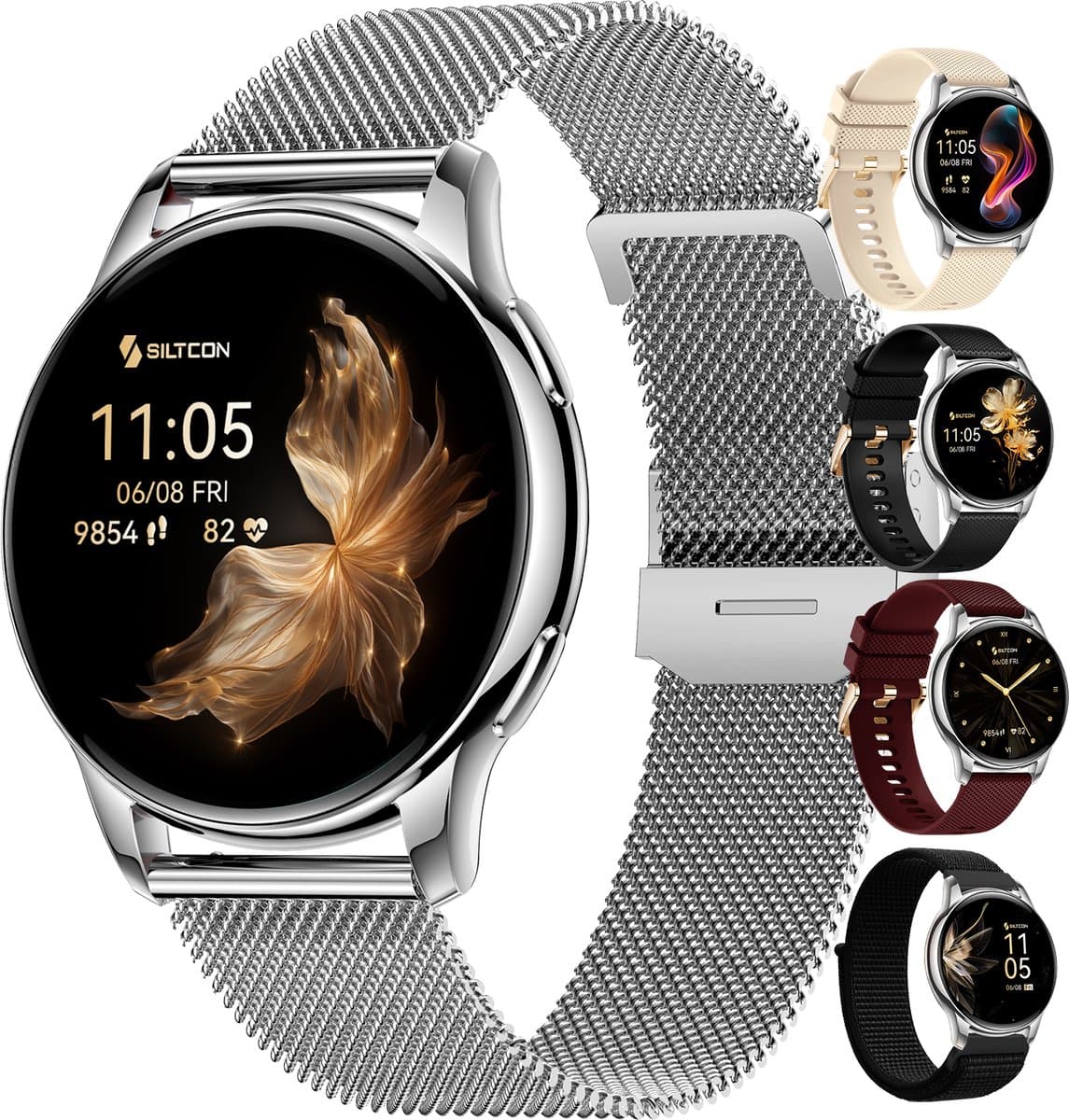 Siltcon® Auréa Smartwatch Dames & Heren - Horloge Dames - Stappenteller Horloge Dames - Hartslagmeter - Slaapmonitor - Saturatiemeter - Geschikt voor iOS/Android - AMOLED - RVS - Elke pols - Incl. 5 Bandjes