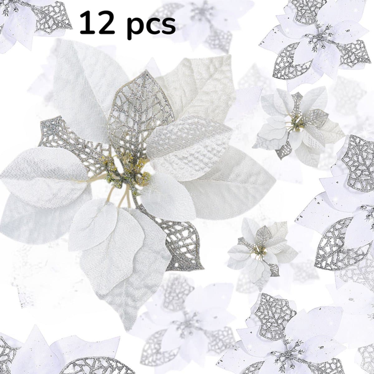 12 stuks - Kerst opengewerkte bloemen - Kerst glitterbloemen - Kerstboomversiering - 22CM - Kerstkrans wijnrankversiering - Zilver - Kunstbloemen - Kunstbloemen boomversiering - Kerstboomtopversiering