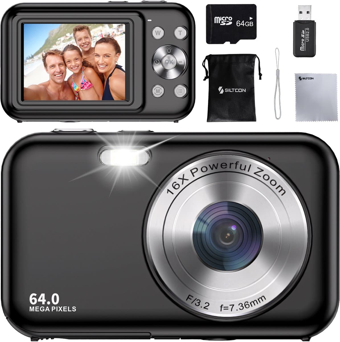 Siltcon® Digitale Camera - Full HD - 64 MP - Fotocamera - Mini Camera - Fototoestel - Vlog Camera voor Kinderen - Compact Camera - Foto & Video - 16x Zoom - Incl. 64GB SD