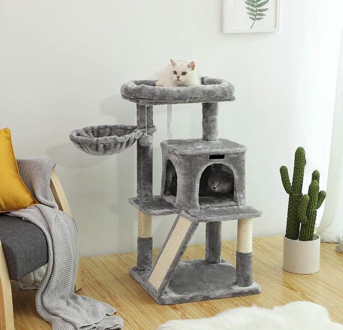 Krabpaal – Kattenhuis & Kattenmand – Kattenboom 96 cm Hoog – Grijs – Duurzaam & Stabiel - 48 x 48 cm