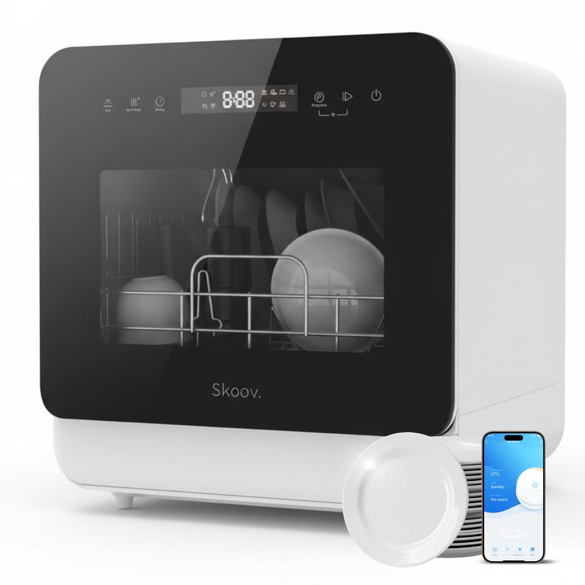 Skoov Mini Vaatwasser met waterreservoir - 5 couverts - 6 wasprogramma's - 45cm - Kleine smalle vrijstaande afwasmachine - Camping - Wit