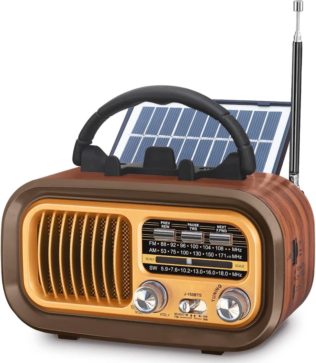 Kleine Draagbare Radio - AM FM SW Retro Vintage Radio - 1200mAh Batterij Of D-Cellen - Bluetooth Kofferradio - USB TF Kaart - Noodradio Solar - Powerbank Functie - Binnen Buiten Gebruik - Noodpakket - Goud Kleur - Draagbare Oplader - Multifunctioneel
