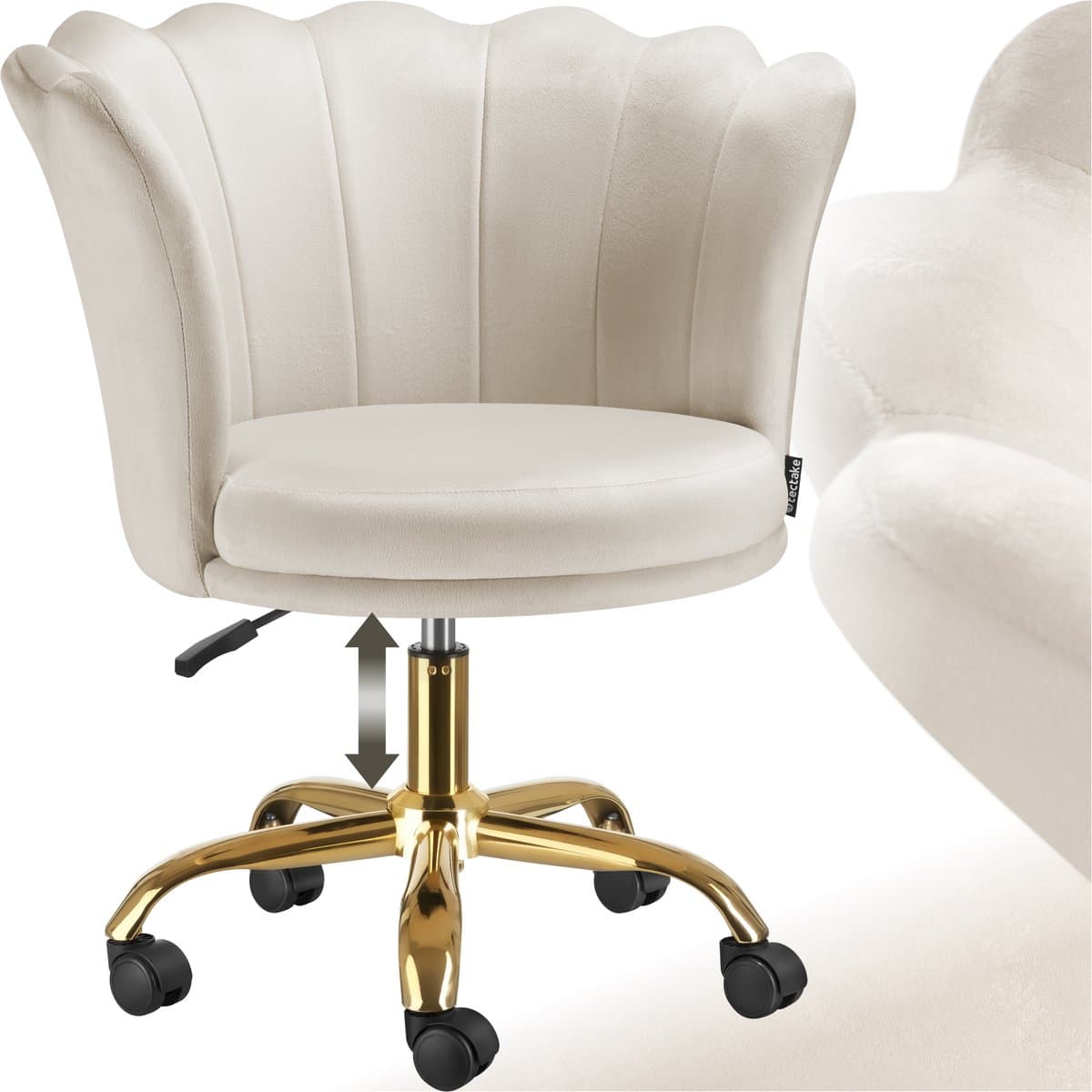 tectake® Bureaustoel - In hoogte verstelbaar draaifauteuil met fluwelen bekleding - Ergonomische schelpvorm - Stoel met wielen - Eetkamerstoel op wieltjes - 360° draaibaar - Bureau Stoel - Wit