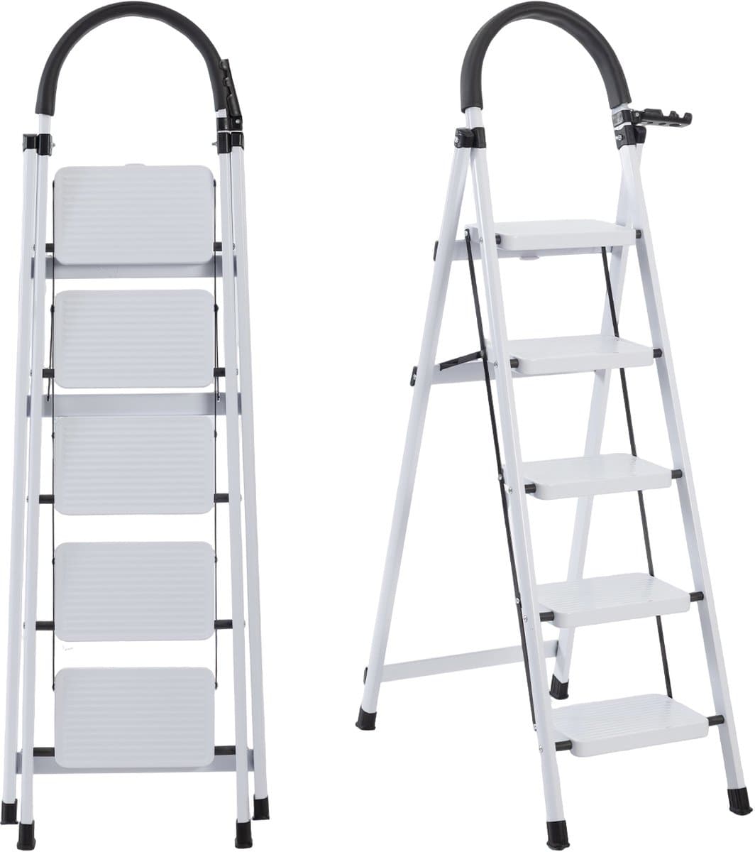 Seven Comfort Huishoudtrap 5 treden - Keukentrap - Opvouwbaar - Trap ladder - Stalen materiaal - 74×47×139cm - Lichtgewicht - Draagvermogen150KG - Wit
