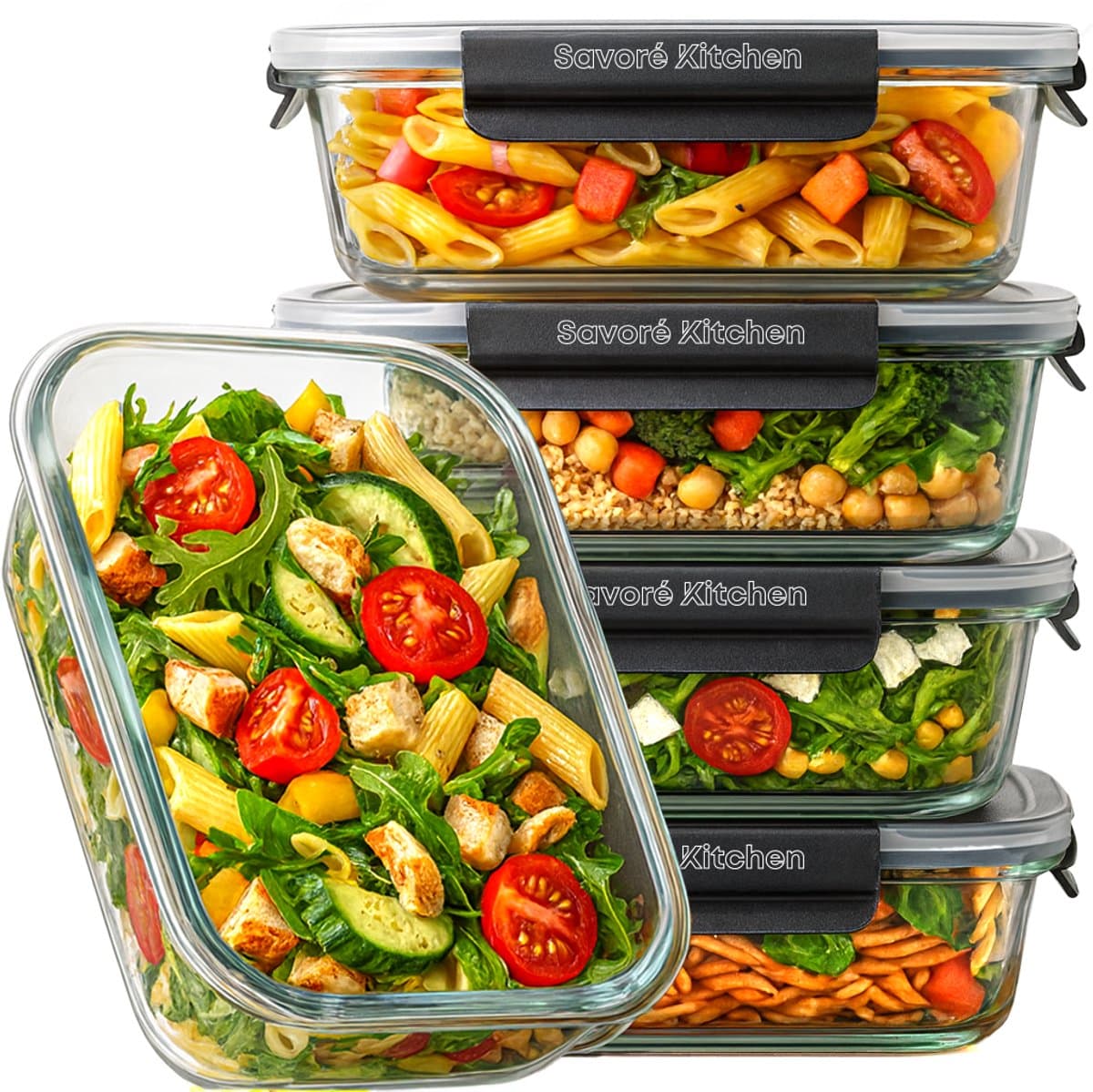 Savoré Kitchen Vershoudbakjes Set – Glas - 5 Stuks Met Stoom Deksel -1040ML - Meal Prep Bakjes - Diepvriesbakjes - Luchtdicht