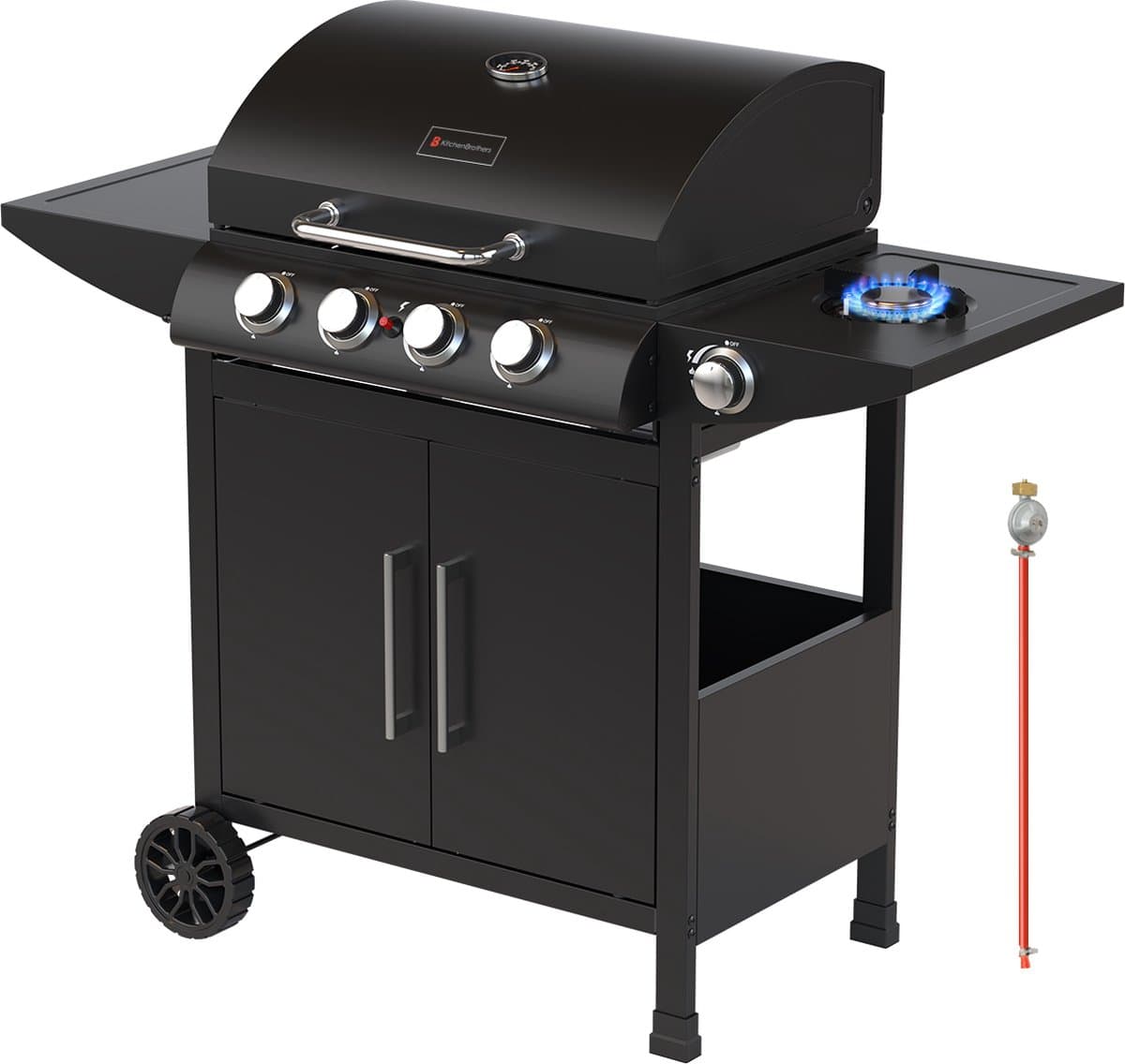 KitchenBrothers Gas BBQ - Gasbarbecue met zijbrander - 5 Branders - PFAS Vrij - Met Gasaansluiting - 42x57cm Grilloppervlak - Extra Opbergruimte - Zwart