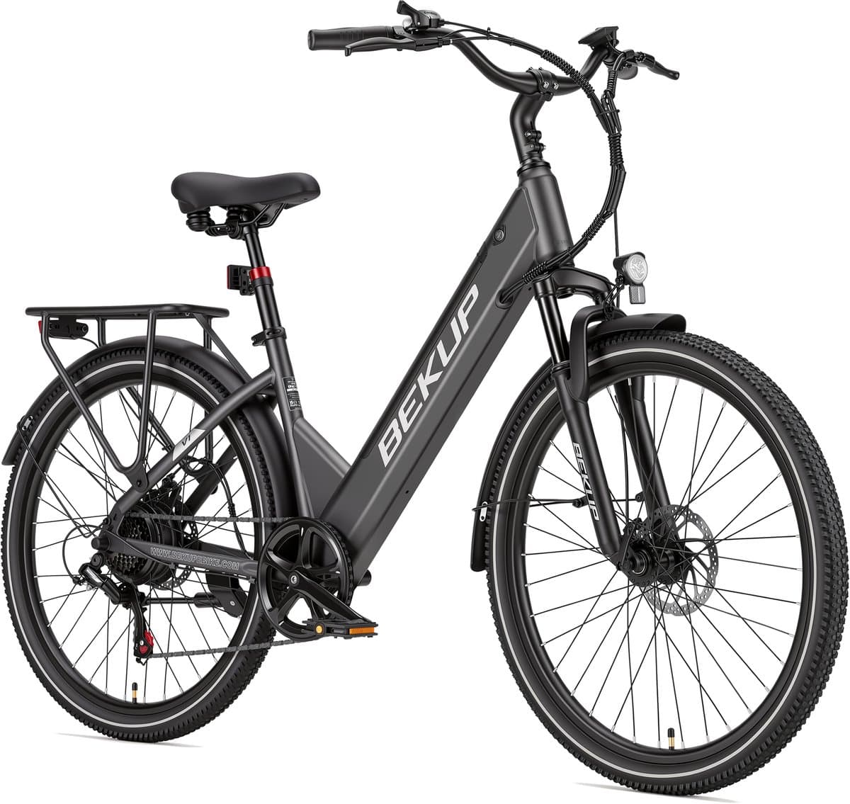 Elektrische lage instap fiets 26 inch - Comfortabele stadsfiets - 36V 14,5Ah accu - 250W achterwielmotor - Actieradius tot 75 km - Shimano 7 versnellingen - Verende voorvork - Geveerde zadelpen - Titaangrijs