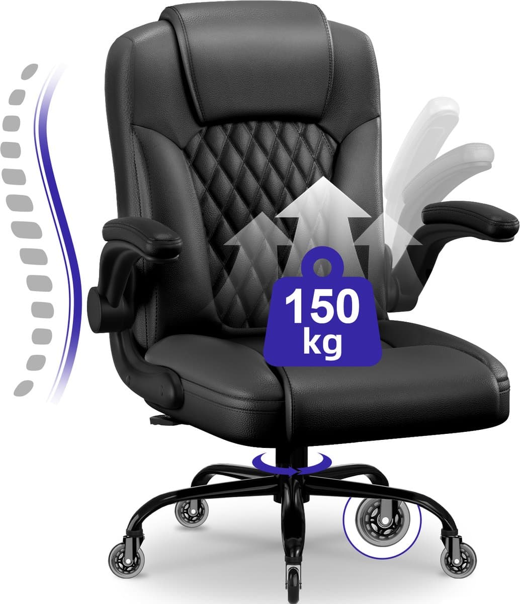 Elekiatech Ergonomische Bureaustoel-Bureaustoel-met 90°-120°Rugleuning Bureaustoelen voor Volwassenen-Inklapbare Armleuningen-Office Chair-Gaming Stoel-150kg - Zwart