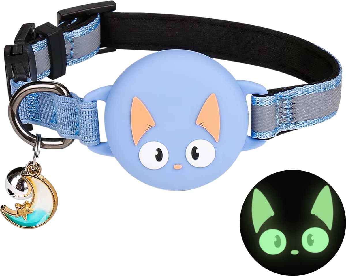 Pets n Paws Kattenhalsband Tag Houder - Verstelbare Halsband Kat - Met belletje - Glow in the Dark - Reflecterend - Geschikt voor AirTag - Kat GPS Tracker Houder - Kitten / Hond - Kattenbandje - Cat Collar - Kattenriem - Blauw
