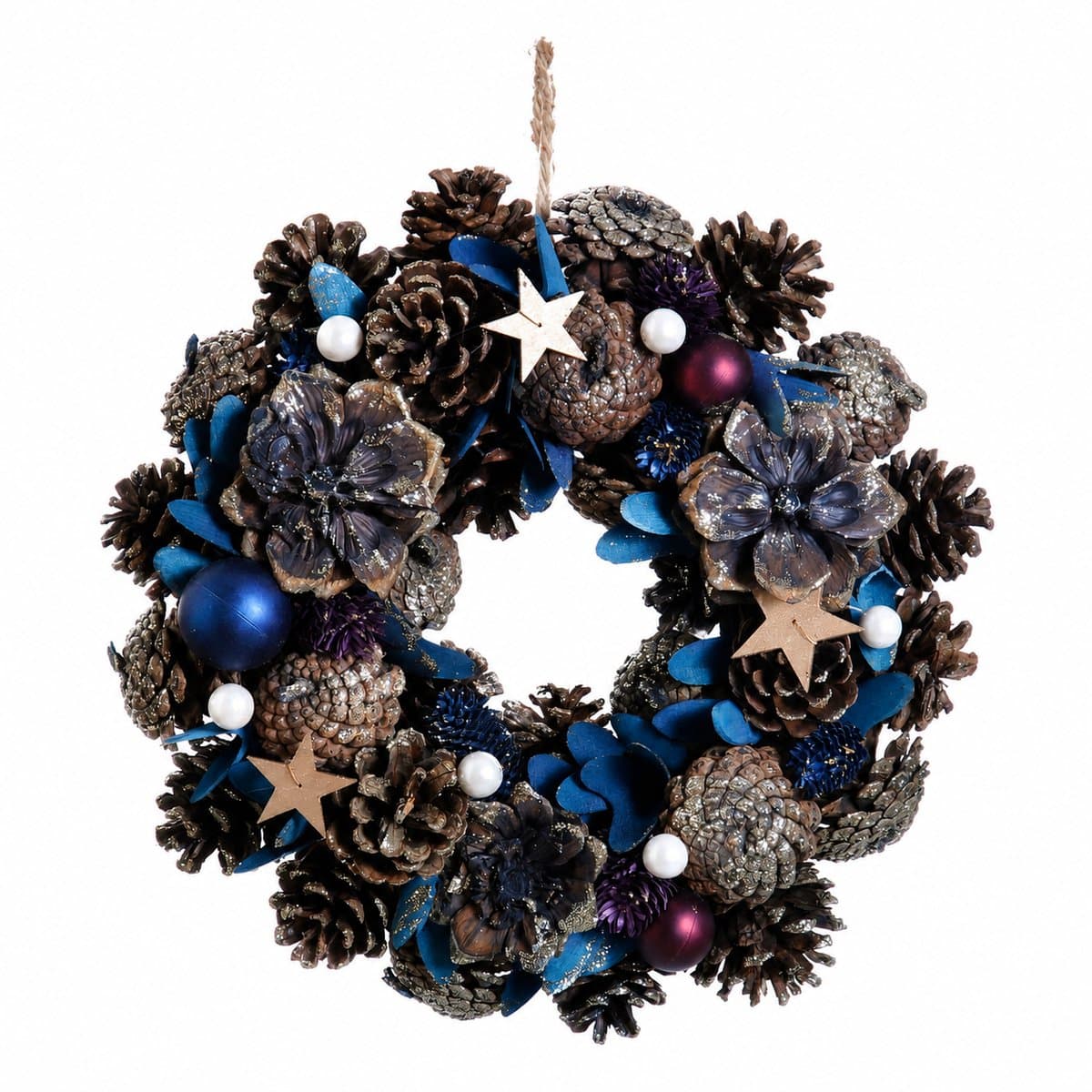 Landelijke Kerstkrans Ø 30 cm – Blauwe Deurkrans met Gouden Accenten en Dennenappels – Ronde Kerstdecoratie voor Binnen en Buiten – Blauw en Goud