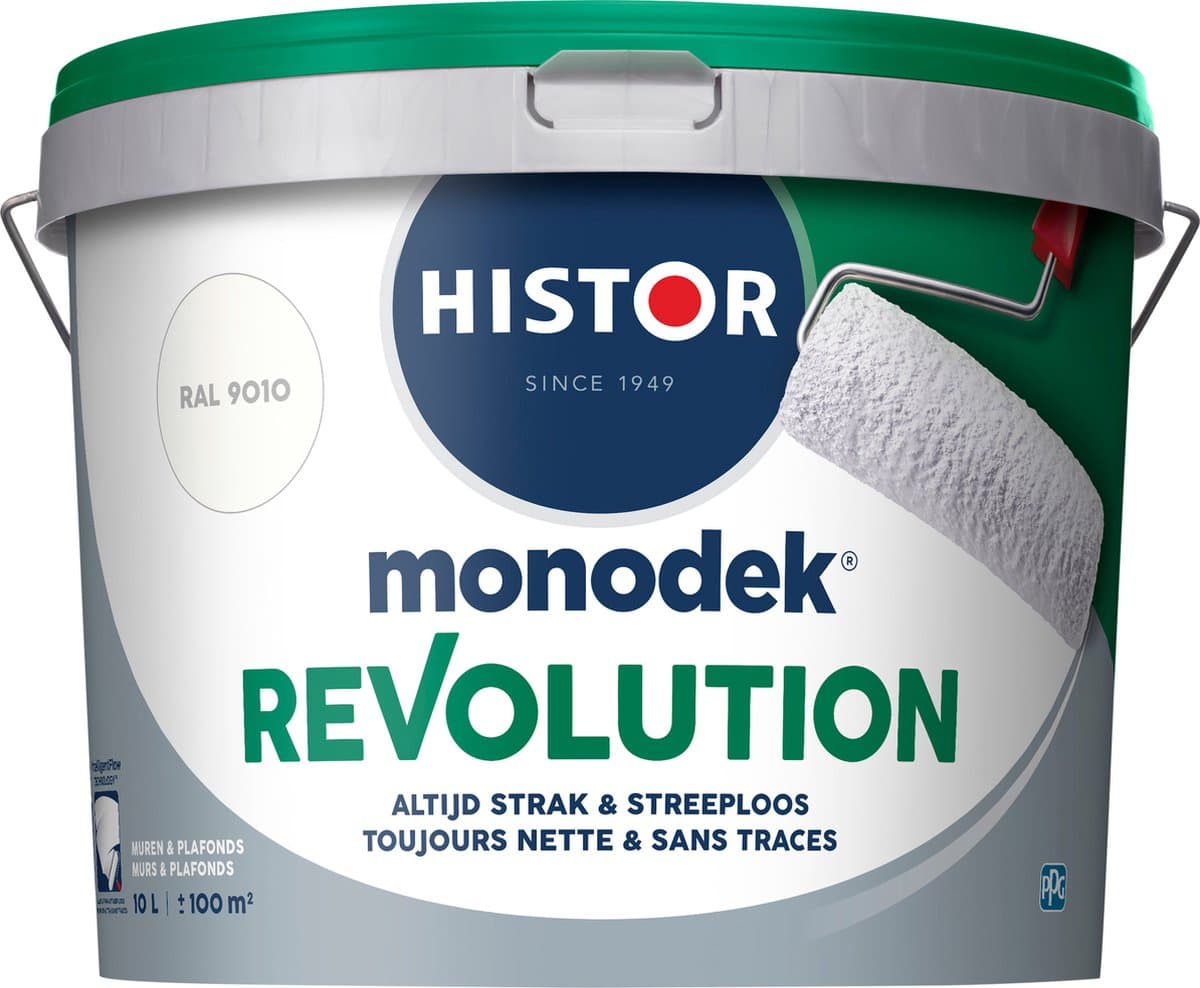 Histor Monodek Revolution – Muurverf Binnen Mat – Altijd Strak & Streeploos – Optimale Dekking – Afwasbaar – Geurarm – Voor Binnen – RAL 9010 – 10L