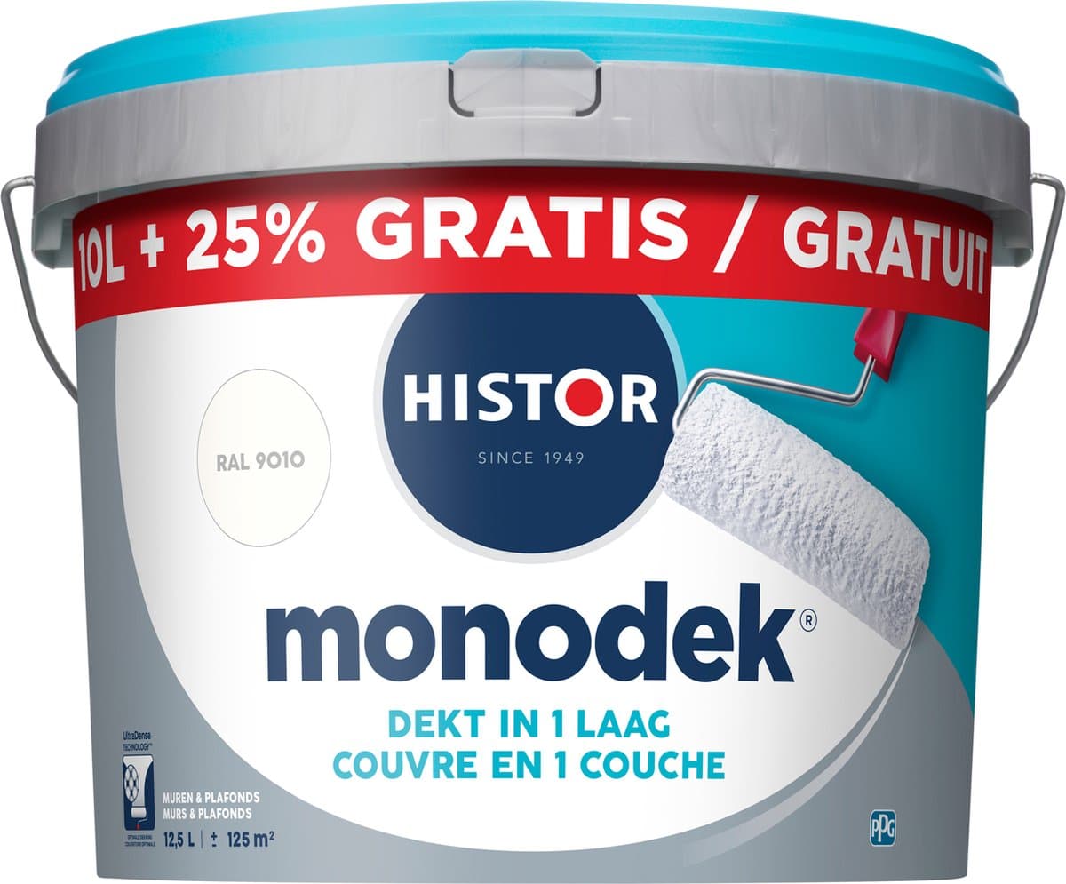 Histor Monodek – Muurverf Binnen Mat – Dekt in 1 Laag – Afwasbaar – Geurarm en Oplosmiddelvrij – Met Ultra Dense Technology voor Extra Dekkracht – Voor Binnen – RAL 9010 – 12,5L