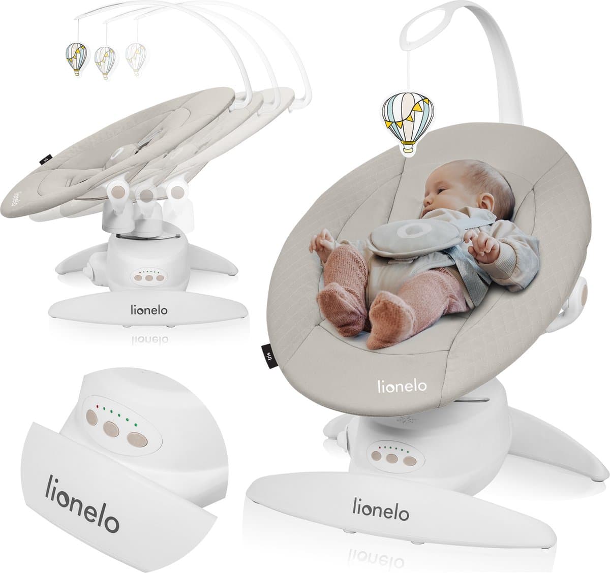 Lionelo Iris Premium Babyschommel – 360° Draaibaar Zitje – 3 Rugstanden – 3 Schommelbewegingen – 5 Snelheidsstanden – 12 Melodieën – Speelboog – Wasbare Bekleding – Tot 9 kg - Baby Schommelstoel & Wipstoel