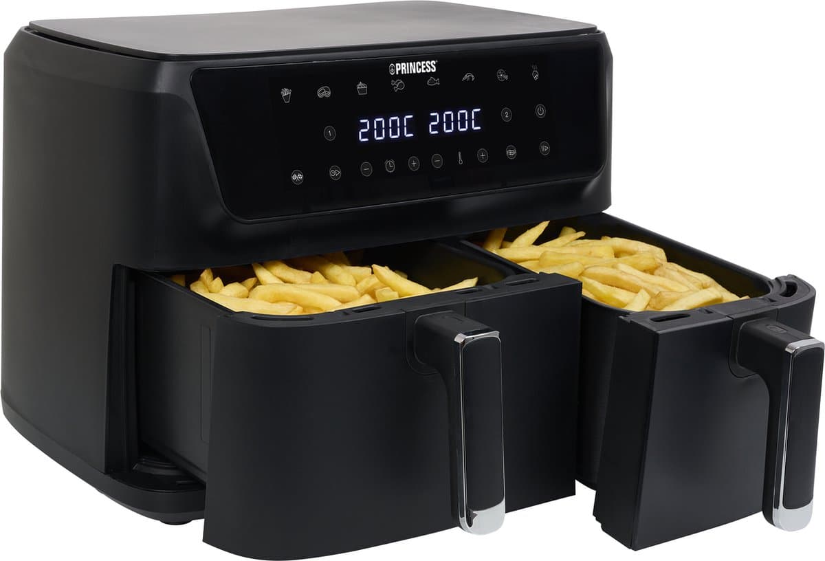 Princess 182470 Dubbele Airfryer - 6,5L + 4,5L inhoud - 2700 W - XXL - 11 liter - 8 programma's - Dubbele heteluchtfriteuse - Digitaal bedieningspaneel - 80 tot 200 Graden