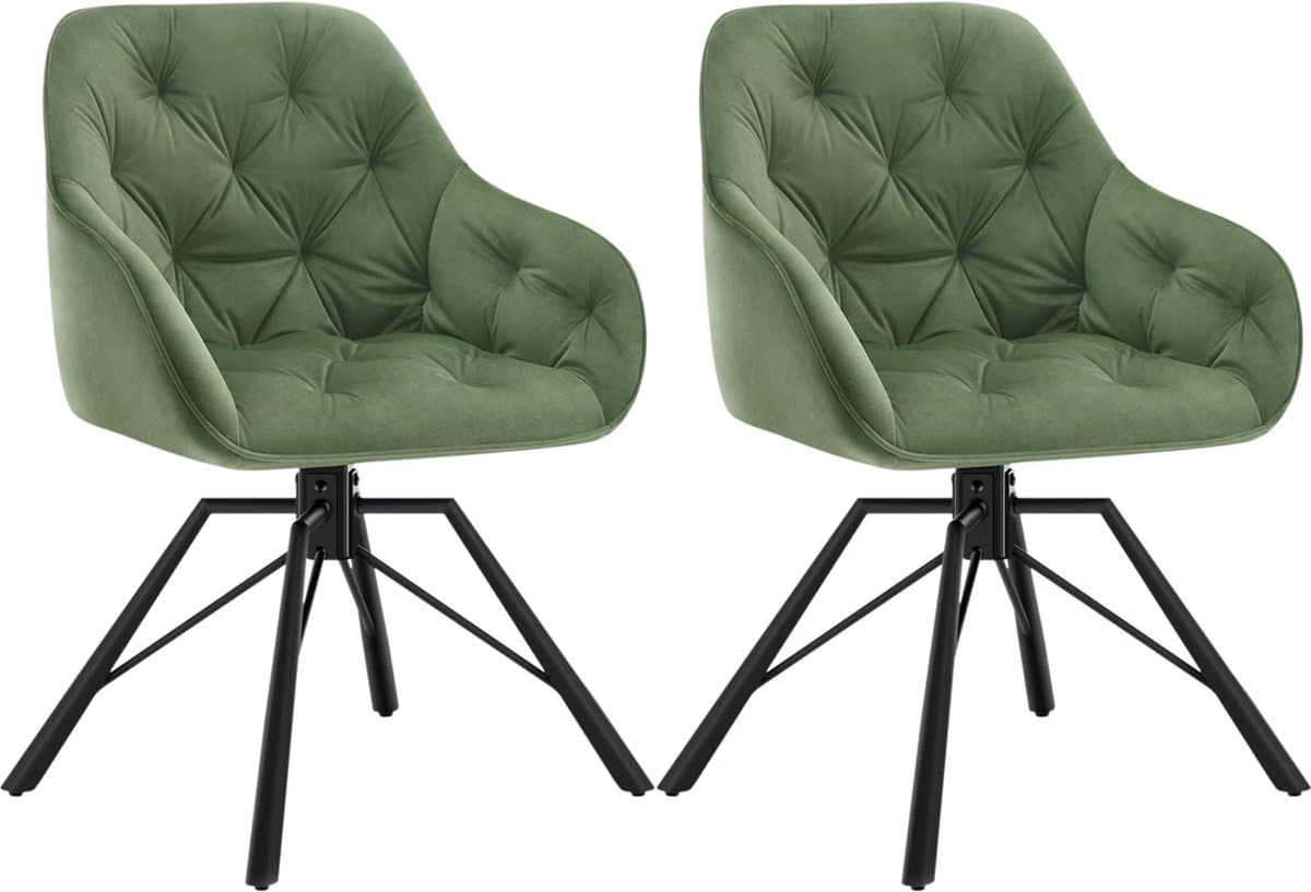 J&R Eetkamerstoel - Set van 2 stoelen - Fluweel eetkamer stoel - Eettafel stoel - Fauteuil - Draaibaar - Velvet - Metalen poot - Groen