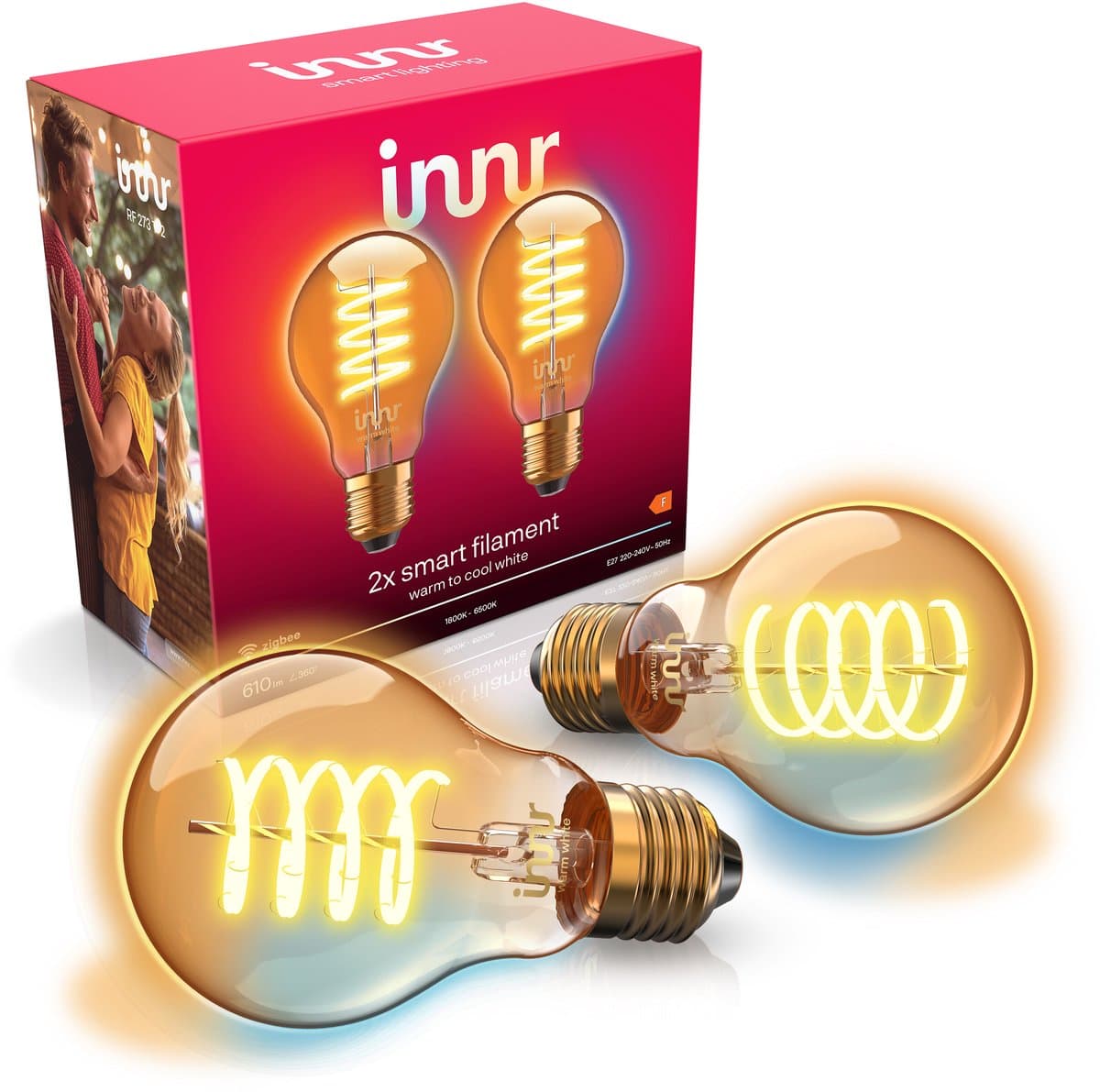 Innr E27 filament lamp - geschikt voor Philips Hue - Zigbee - LED smart bulb - warmwit tot koelwit licht - slimme verlichting - dimbaar - 610 lumen - 2 pack