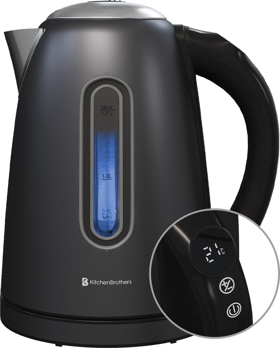 KitchenBrothers Waterkoker - Met Temperatuurregeling - Elektrisch - PFAS- & BPA-vrij - Met Kalkfilter - 1,7L - Zwart/RVS