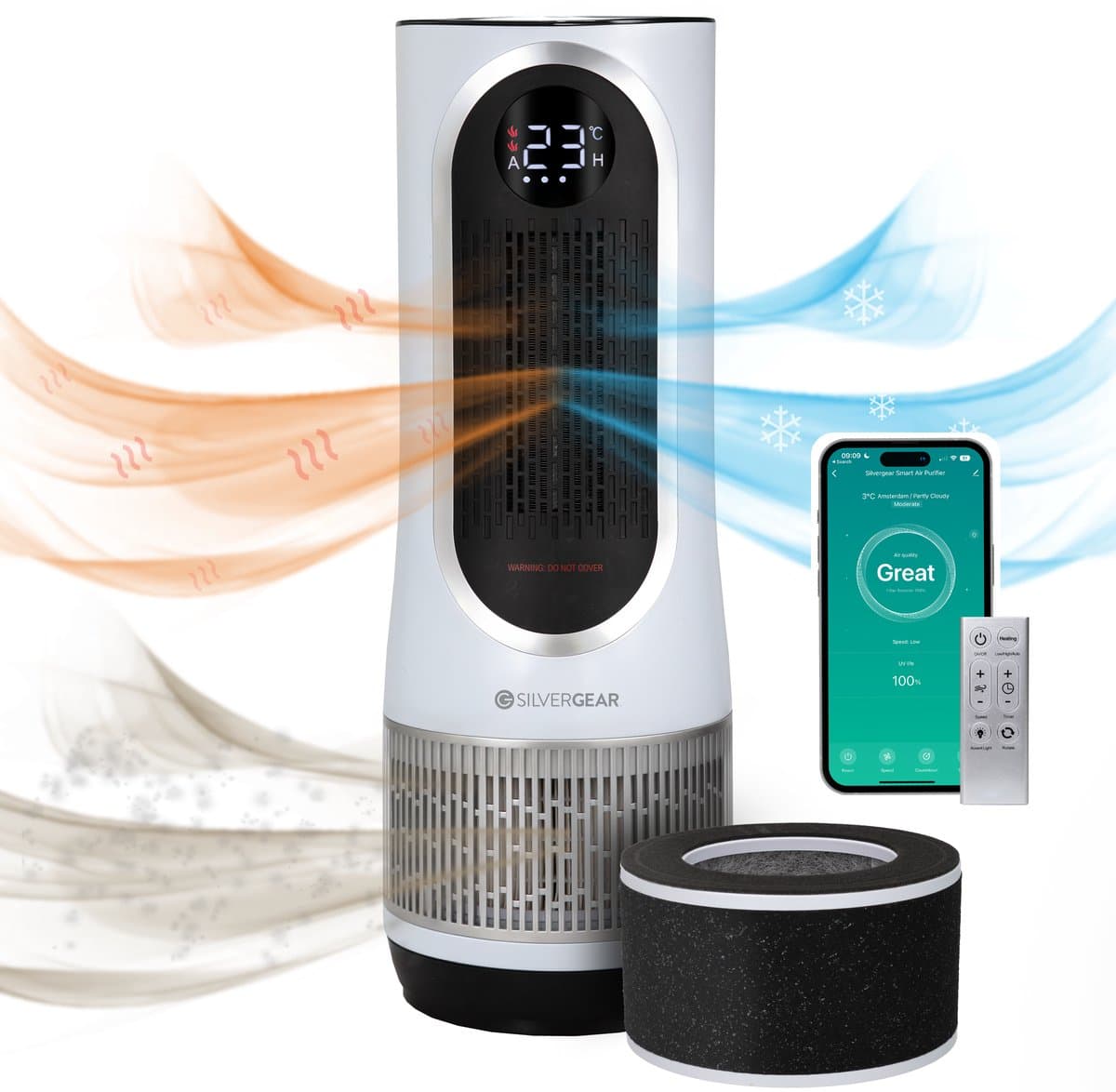 Luchtreiniger Hot & Cold 3-1 met Vervangbaar HEPA 13 Filter met App & Afstandsbediening - Air Purifier - Air Cleaner - Koolstoffilter - 80 m3 - 1500 W- Wit - Tegen Hooikoorts, Huisstofmijt, Allergie - Silvergear