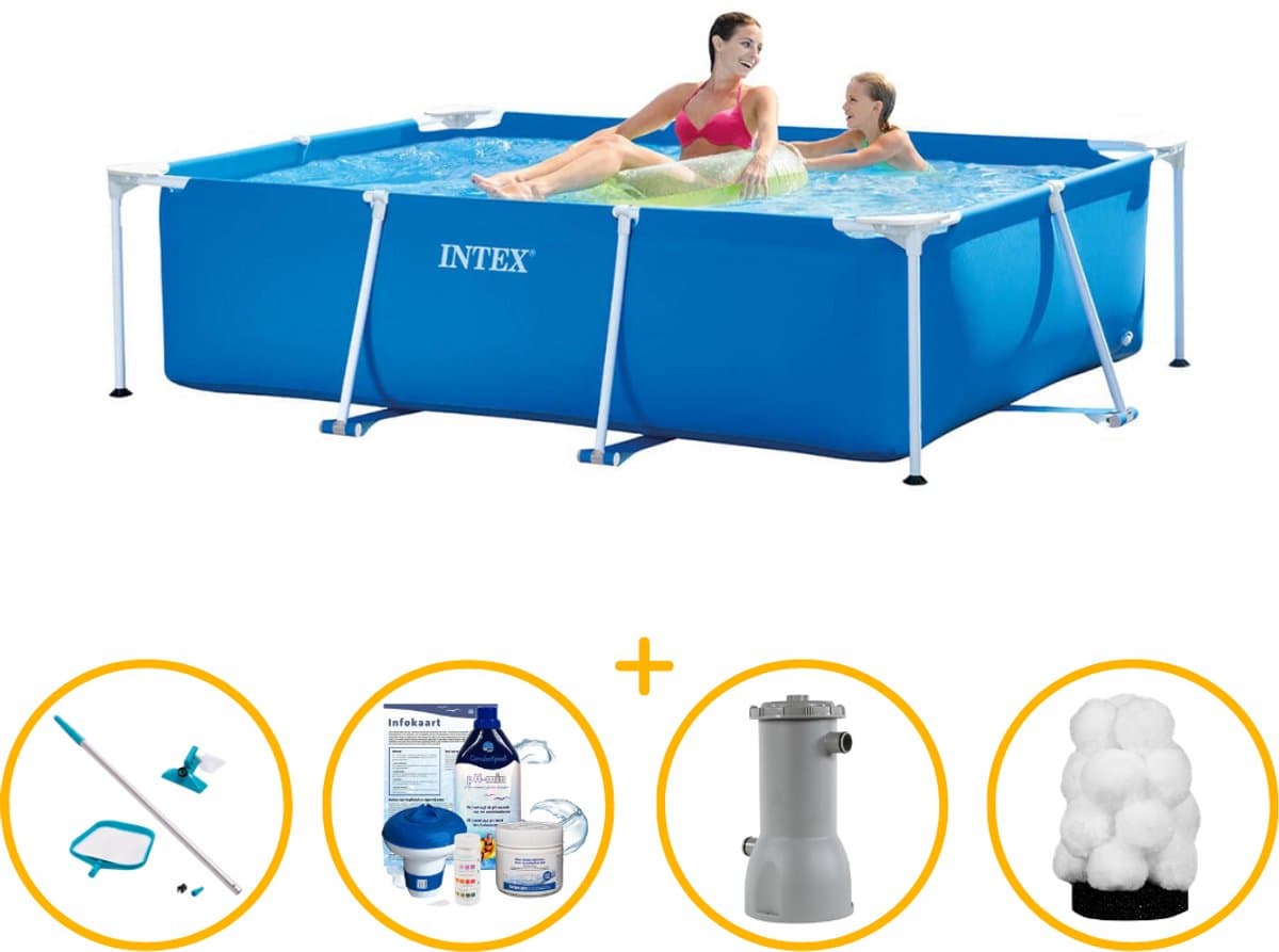 Intex zwembad 220 x 150 x 60 | Rechthoekig frame zwembad | Zwembadpakket | Chloorpakket | Filterpomp | Extra filter | Onderhoudsset met schepnet