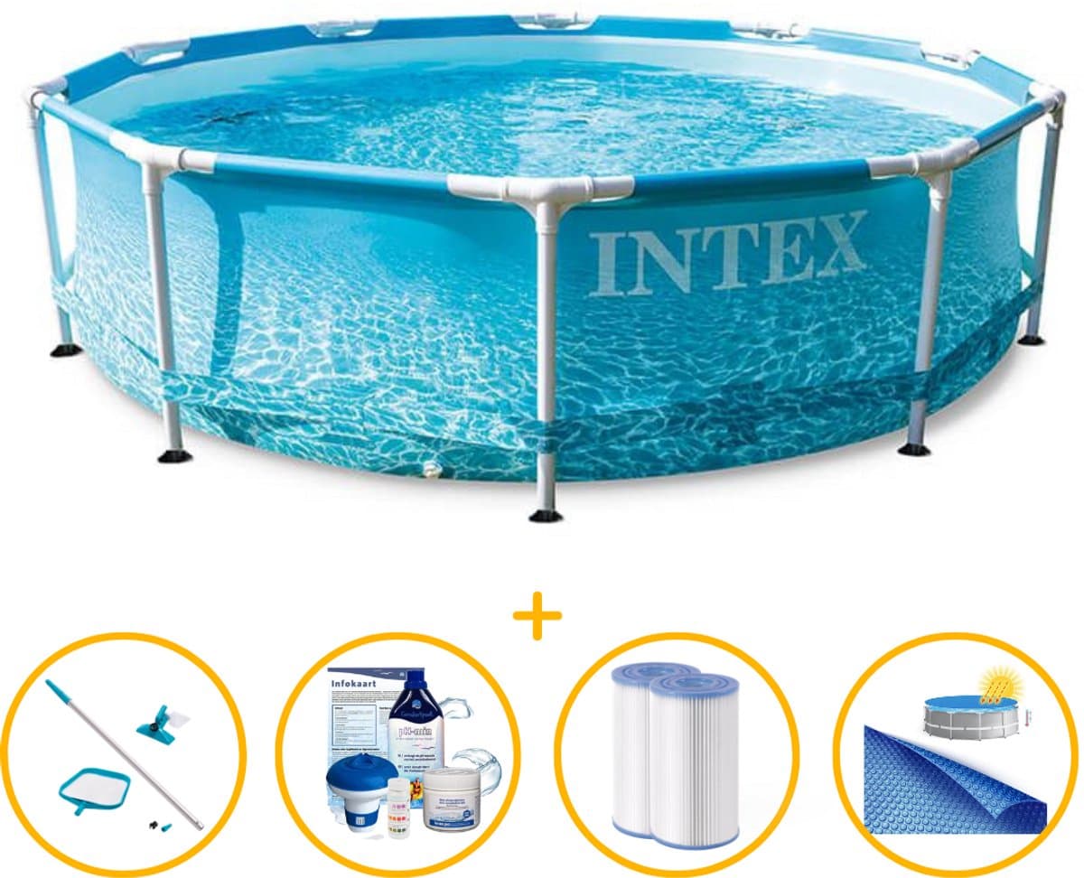 Intex zwembad rond 305 x 76 | Beachside Metal Frame met filterpomp | Zwembadpakket | Twee extra filters | Chloor starterspakket | Onderhoudsset | Solar afdekzeil