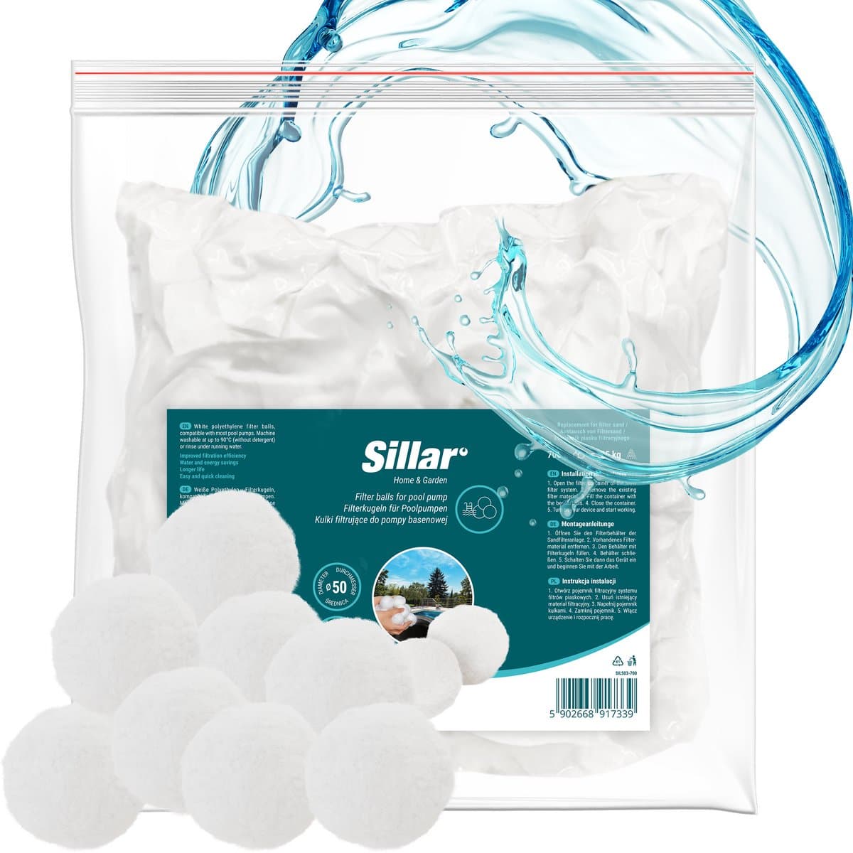 Sillar Zwembadfilter – Filterballen voor zwembadpompen – herbruikbaar – geschikt voor zwembaden en zandfilters – 50 mm, 1500 g – wit