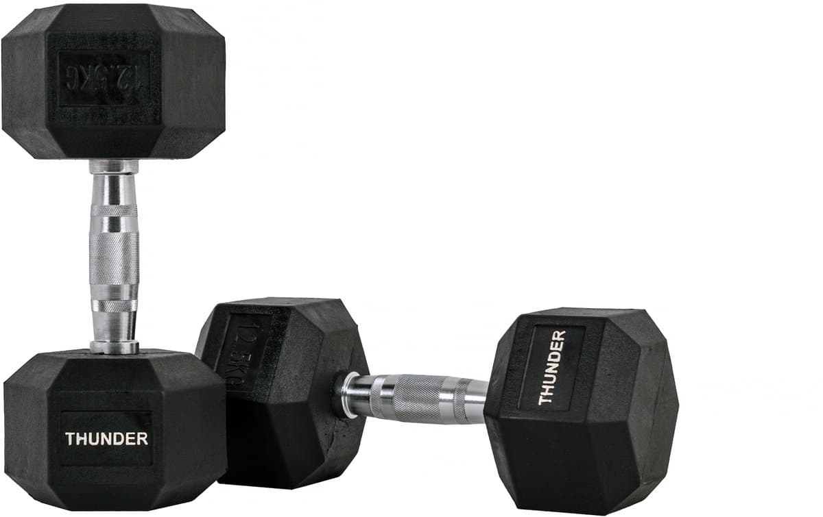 THUNDER® HEXAGONAL-DUMBBELLS-12,5KG Zwarte Rubberen Halter Stalen Kern Voor Krachttraining & Fitness Antislip Duurzaam & Professioneel Per Stuk - Stevige Grip