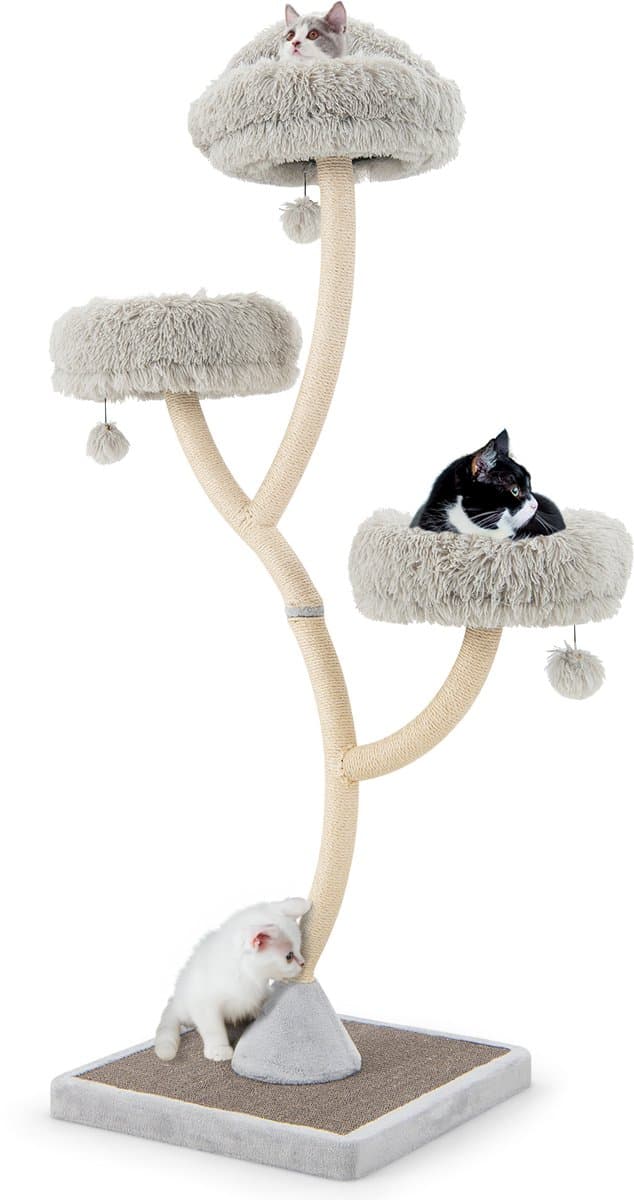 COSTWAY Krabpaal, 178 cm, van hout, kattenboom met 3 warme ligvlakken, pluche ballen en sisalstammen, klimboom, kattenkrabpaal groot, kattentoren met metalen frame, kattenmeubel katten