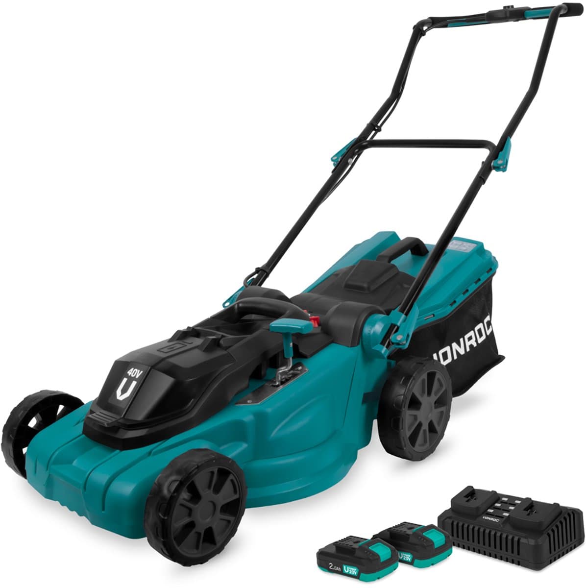 VONROC Accu Grasmaaier – 40V – 38 cm maaibreedte - Vier instelbare maaihoogtes: 35/45/55/65 mm - Incl. 45L Opvangbak - Incl. 2x 2.0Ah Accu en dubbele snellader