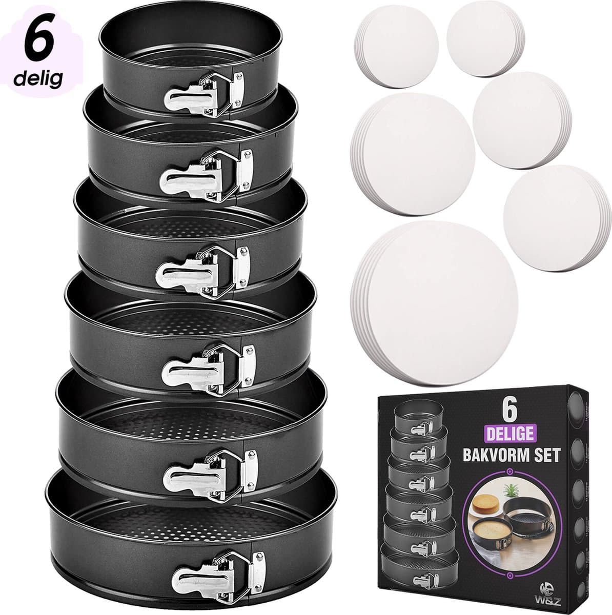 W&Z 6-delige Bakvorm set - Springvorm - Cakevorm - Bakvormen - Taartvorm Ø18 -28cm - 60 bakpapieren