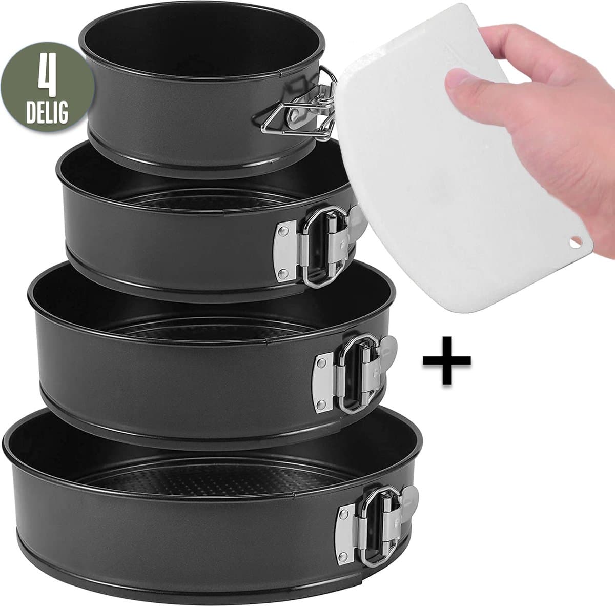 COOCK 4-delig Ronde Springvorm Set - Bakblik Rond - Taartvorm - Bakvorm met Anti Aanbaklaag - 16 tot 28cm - Incl Deegschraper