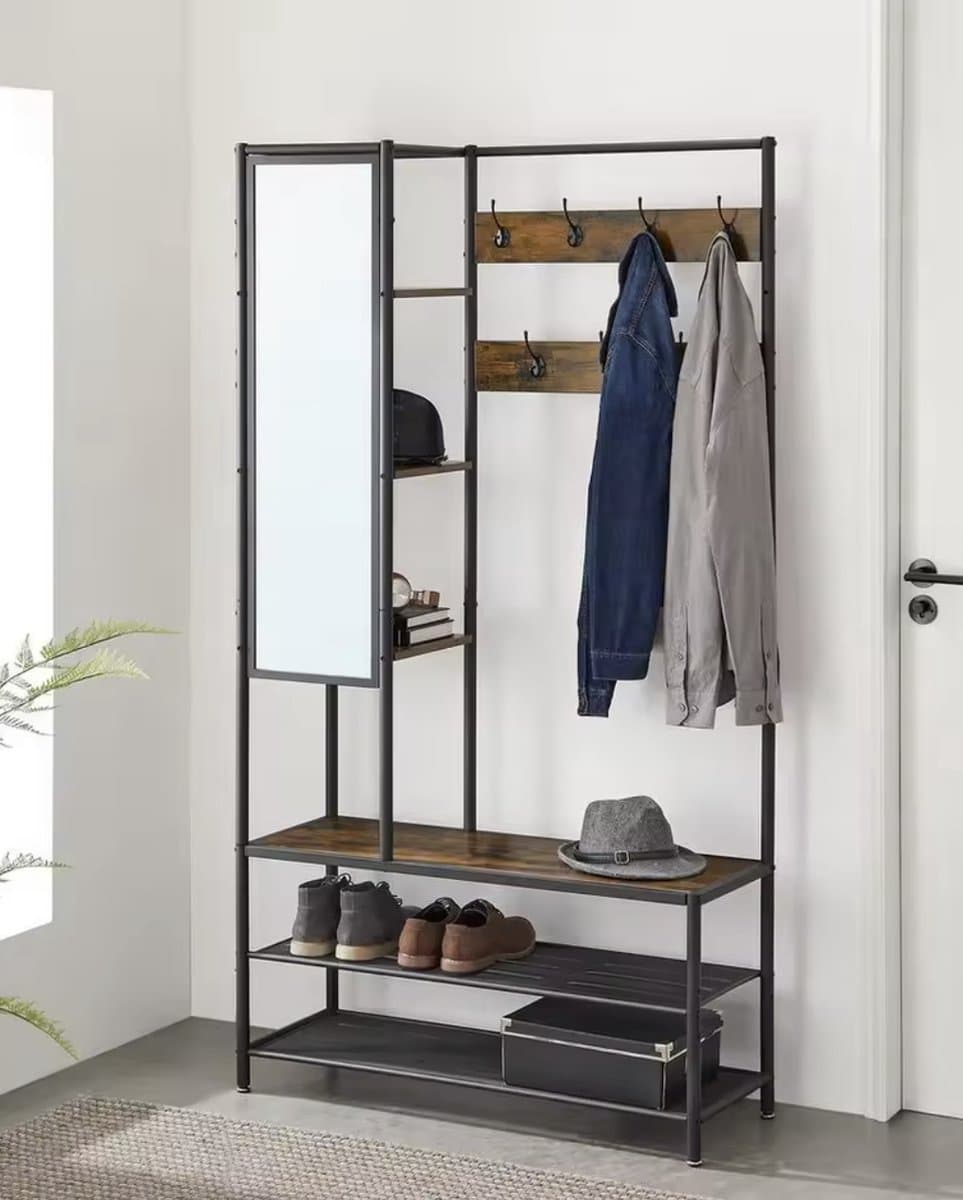 J&R Kapstok - Kledingrek - Kledingstandaard - Garderobekast - Kleerhanger - Garderoberek - Gangmeubel - Kapstok Staande kapstok - Vestiairemeubel - Kast - Rek - Planken - 7 Haken - Spiegel - Schoenen rek - Hout en metaal - Industrieel - Bruin/Zwart