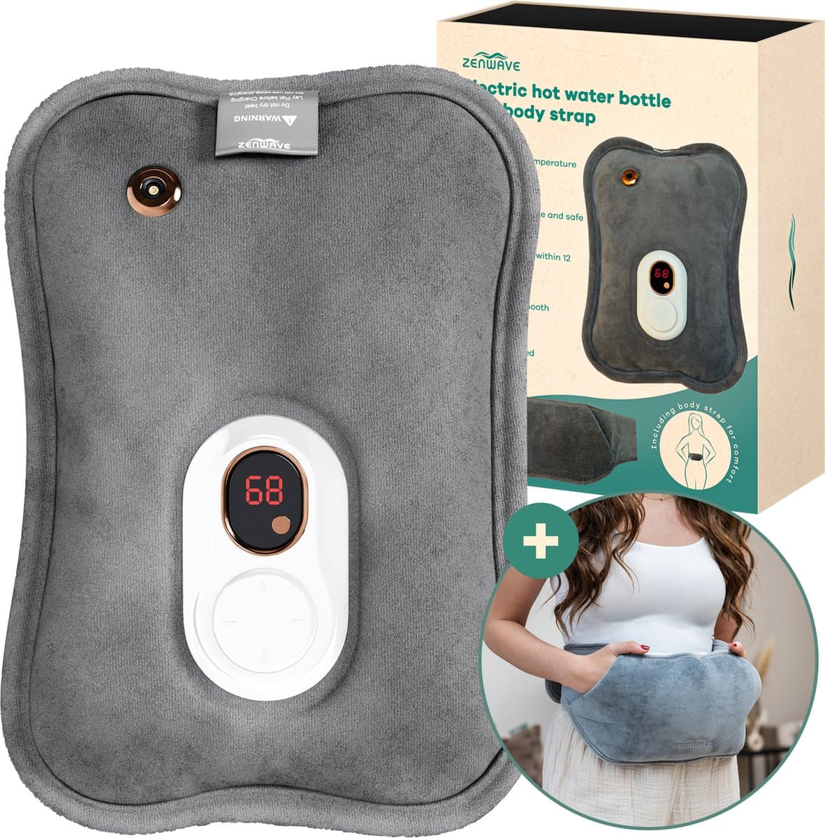 Zenwave Elektrische Kruik met Hoes - Digitaal Display - Warmtekruik & Waterkruik met Handwarmers - Oplaadbare Warmtekussen - Menstruatie Warmteband - Duurzaam & Draadloos - Kamperen & Outdoor - Warmwaterkruik Grijs
