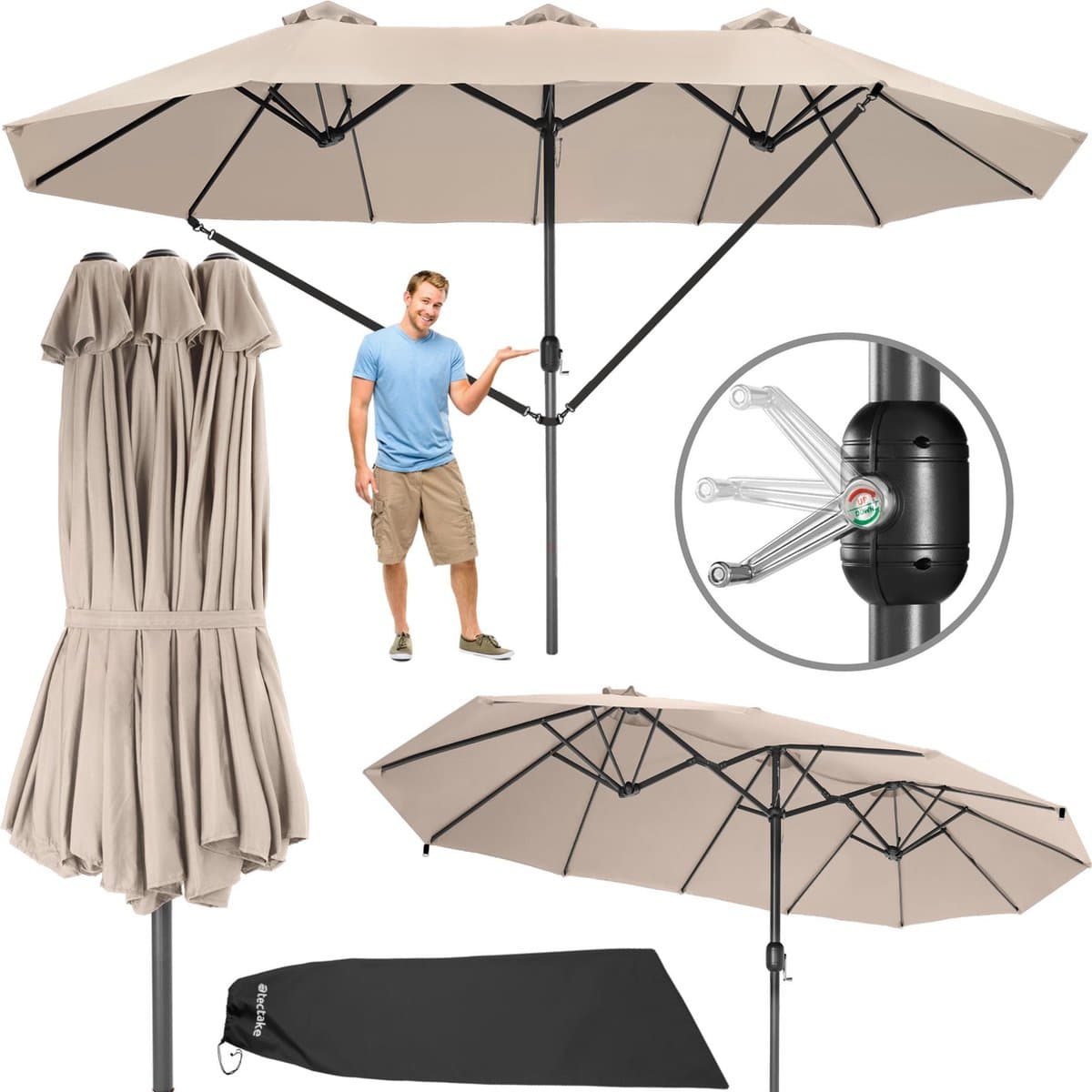 tectake® Dubbele Parasol met Zwengel - 460 x 270 cm - Aluminium Parasol met Zonwering UV50+ - Rechthoekige Tuinparasol - Vrijstaand als Terrasoverkapping of Marktparasol - Beige