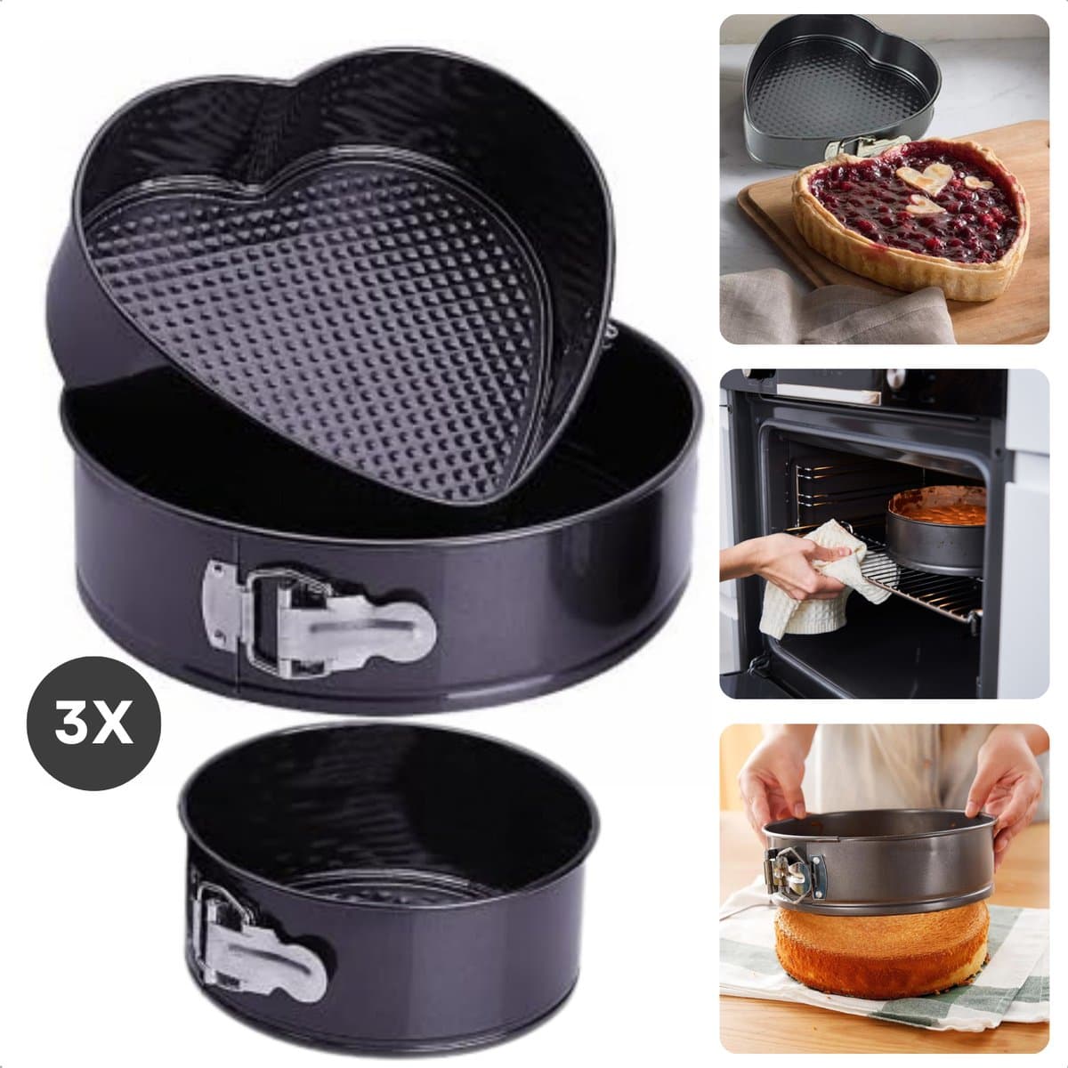 Springvorm Set 3-Delig - Ovenbestendig - Hartvormig en Ronde Bakvormen - Bakvorm set - Springvorm - Cakevorm - Bakvormen - Hartjes Taartvorm - Zwart - Inclusief EBOOK