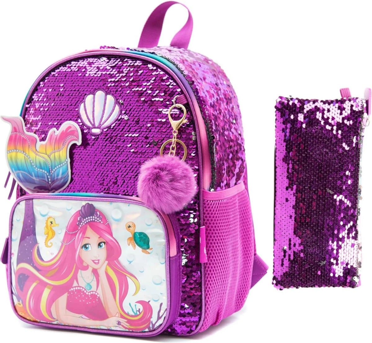 Joya Kids® Mermaid Schooltas Pailletten | Rugzak Meisje | Mermaid rugtas | Zeemeermin rugzak | Backpack meisjes | Paarse Pailletten en Glitter Tas met Etui | 33 x 26 cm | Groep 1 - 4 | 10 Liter