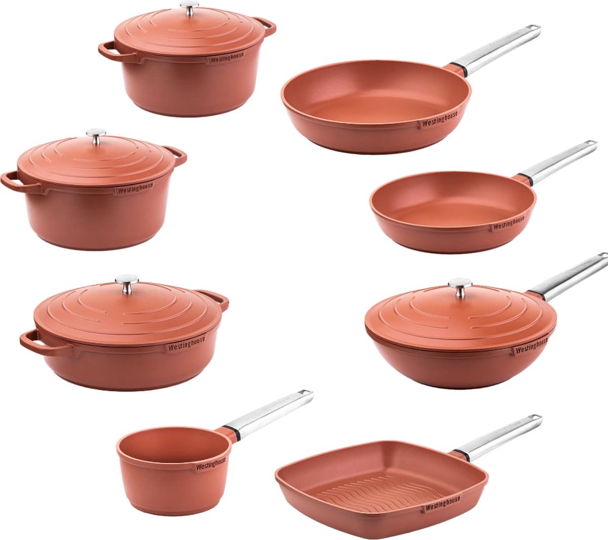Westinghouse Performance 8-delige Pannenset – Koekenpannen + Braadpannen + Hapjespan + Wokpan + Grillpan + Steelpan – Inductie – Oranje