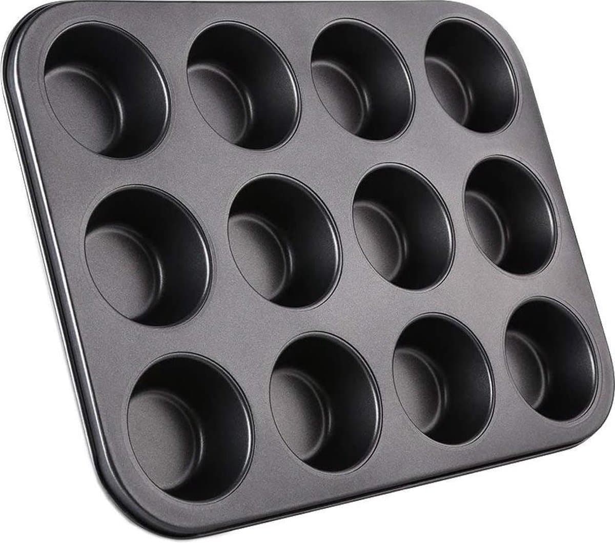 Muffin Bakvorm - Metaal - Anti-aanbaklaag - 12 Vormpjes - Muffin Bakblik - Muffin Bakplaat - Cupcake Bakvorm Metaal - Cupcake Vormpjes - Pastei Bakvorm - Zwart