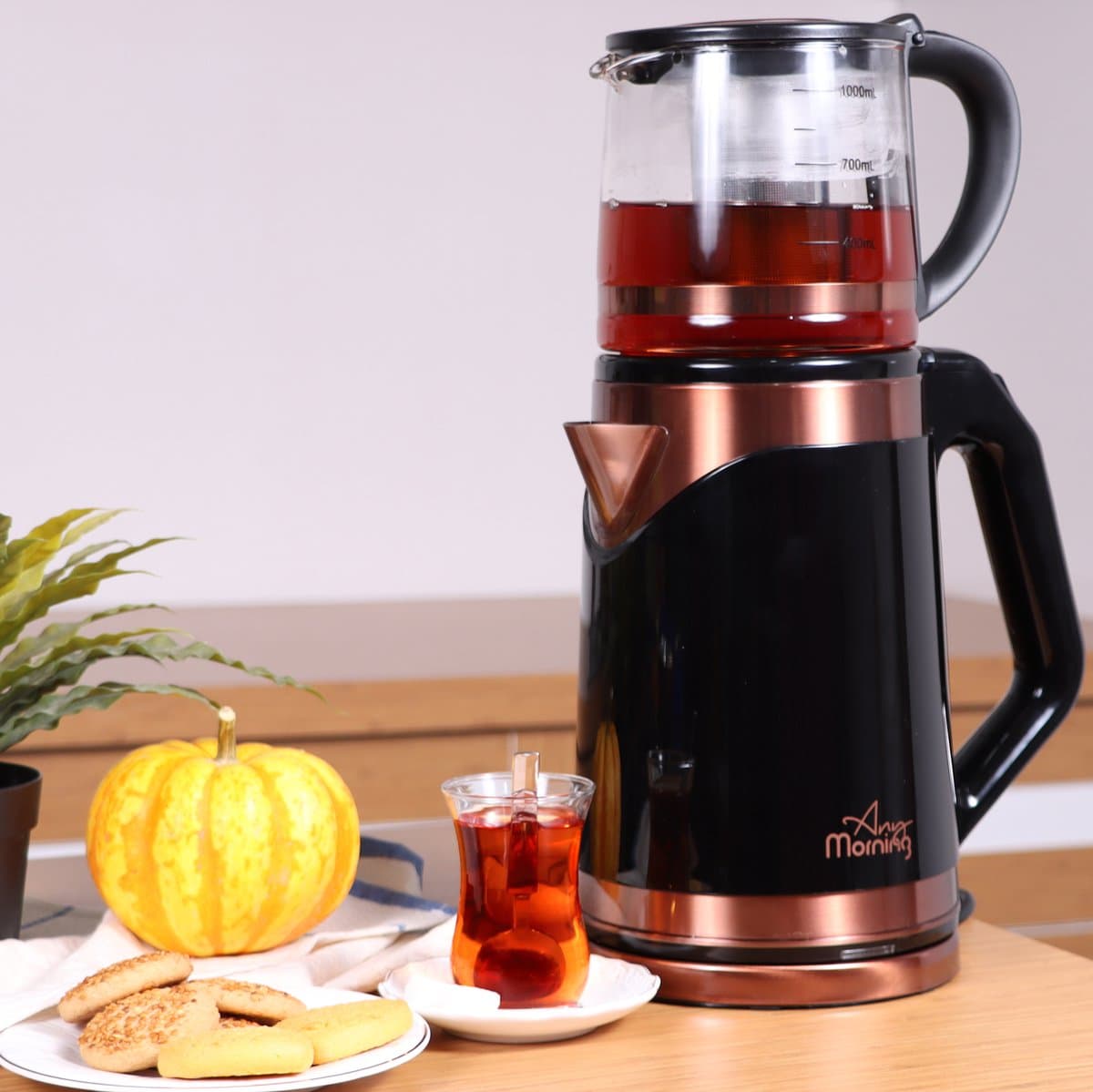 Any Morning - Turkse Elektrische Theemaker - Automatische Uitschakeling - Beveiliging tegen Droogkoken - Snoerloze Waterkoker met Theepot Set - Afneembaar Filter - 360 Draaibare Basis - 2 L - 68 oz - 1500 W