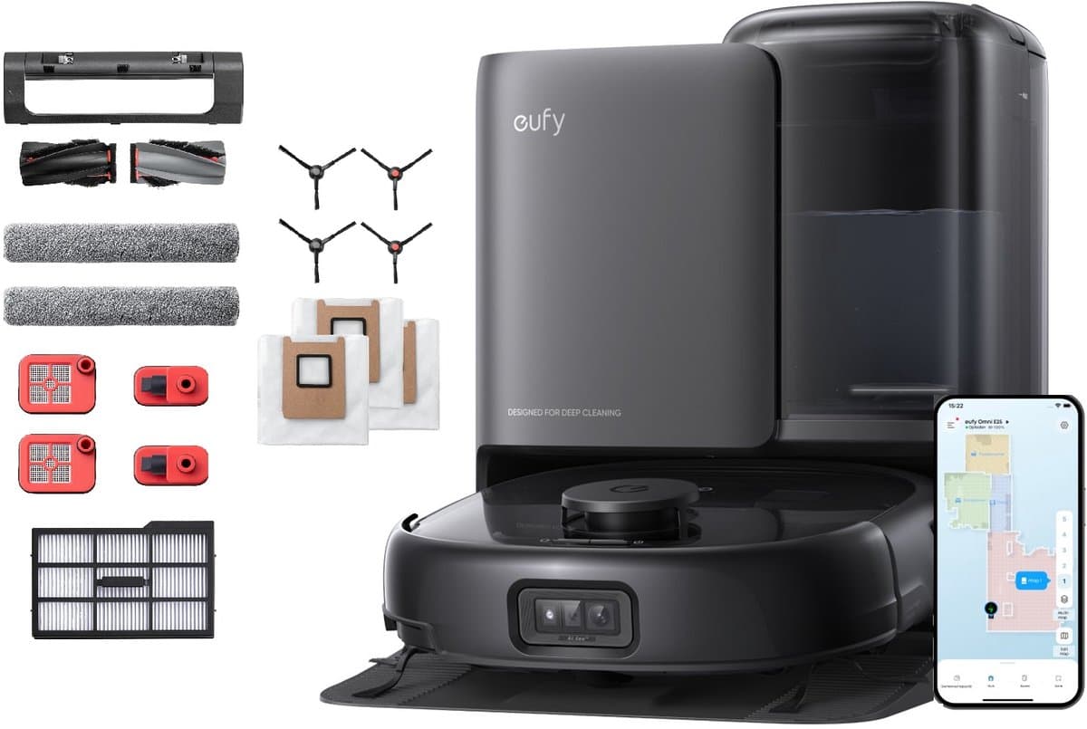 eufy Omni E25 - Robotstofzuiger met Vervangingssets - HydroJet dweilsysteem - 20.000 Pa zuigkracht - DuoSpiral borstels die ontklitten - CornerRover arm voor het schoonmaken van hoeken - alles-in-één station