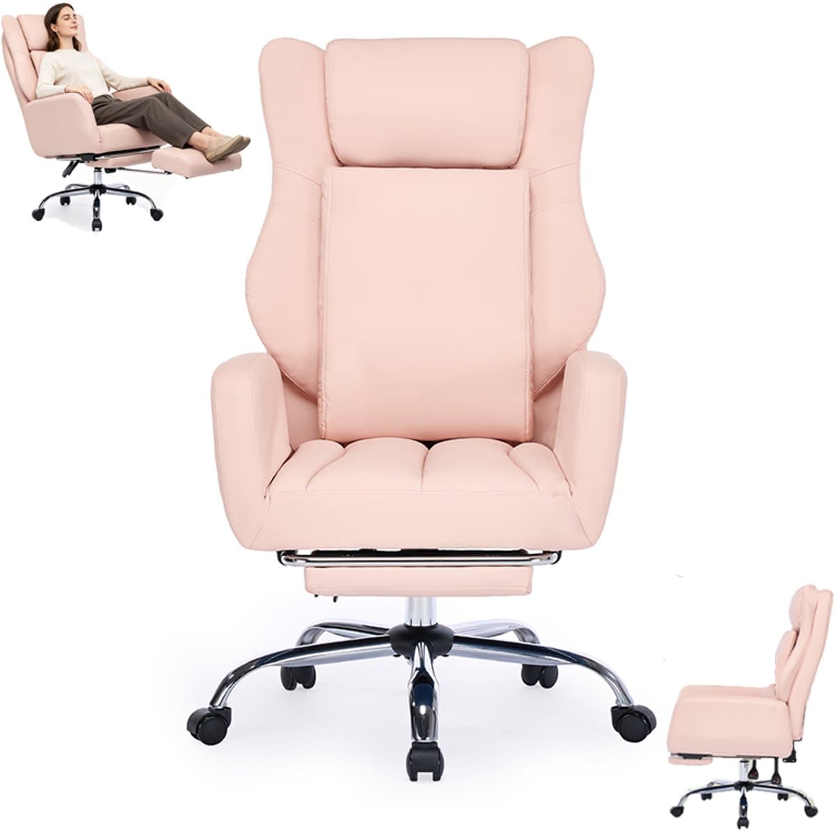Ergonomische bureaustoel met kruisrugleuning en wielen - Comfortabel bureau en stoel - Met opklapbare armleuningen - Met wielen - Bureau en stoel met hoge rugleuning voor thuiswerk - Lendensteun - Met leer beklede computerstoel - Roze