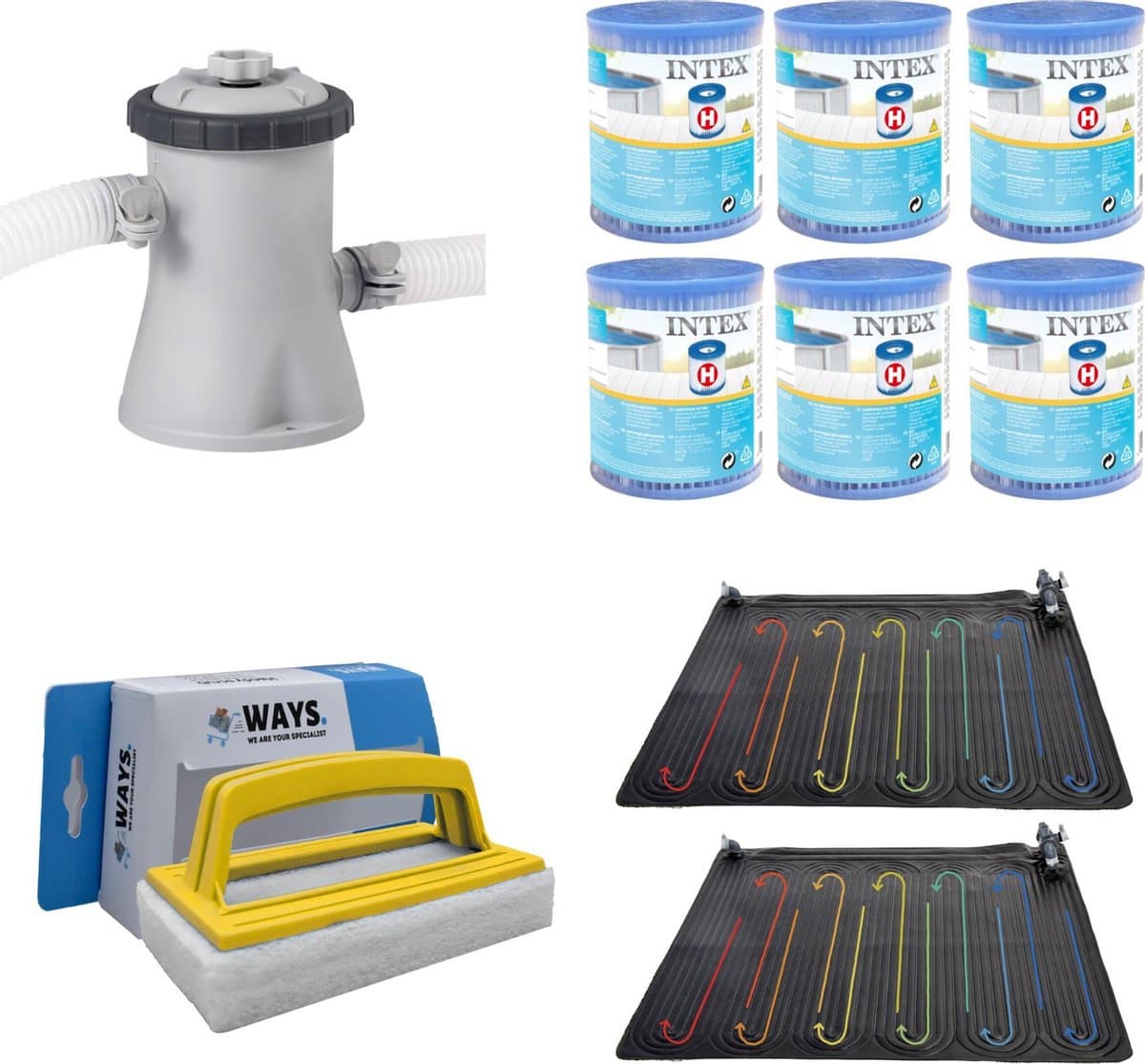 WAYS - Zwembad Onderhoud - 2x Zwembad Verwarming & Filterpomp 1250 L/u & 6 Filters Type H & WAYS Scrubborstel