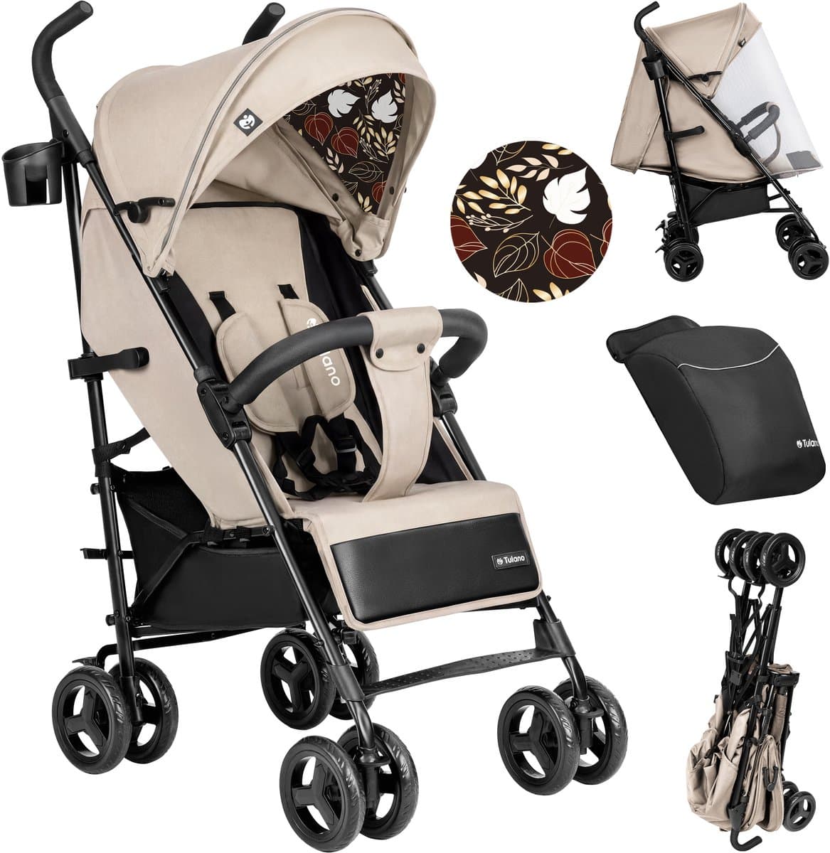 Tulano Davos 35 - Kinderwagen - Buggy - Lichtgewicht Wandelwagen met XXL Zonnekap - Verstelbare Rugleuning - Tot 22 kg - Beige